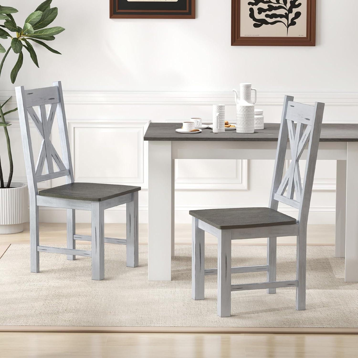 image:imageGiantex Retro Wooden Dining Chairs Set of 2 Farmhouse Kitchen Chairs wRubber Wood Frame Elegant Hollowed Backrest Armless Dining Room Chairs Rustic Side Chairs for Restaurant Living Room Grey2