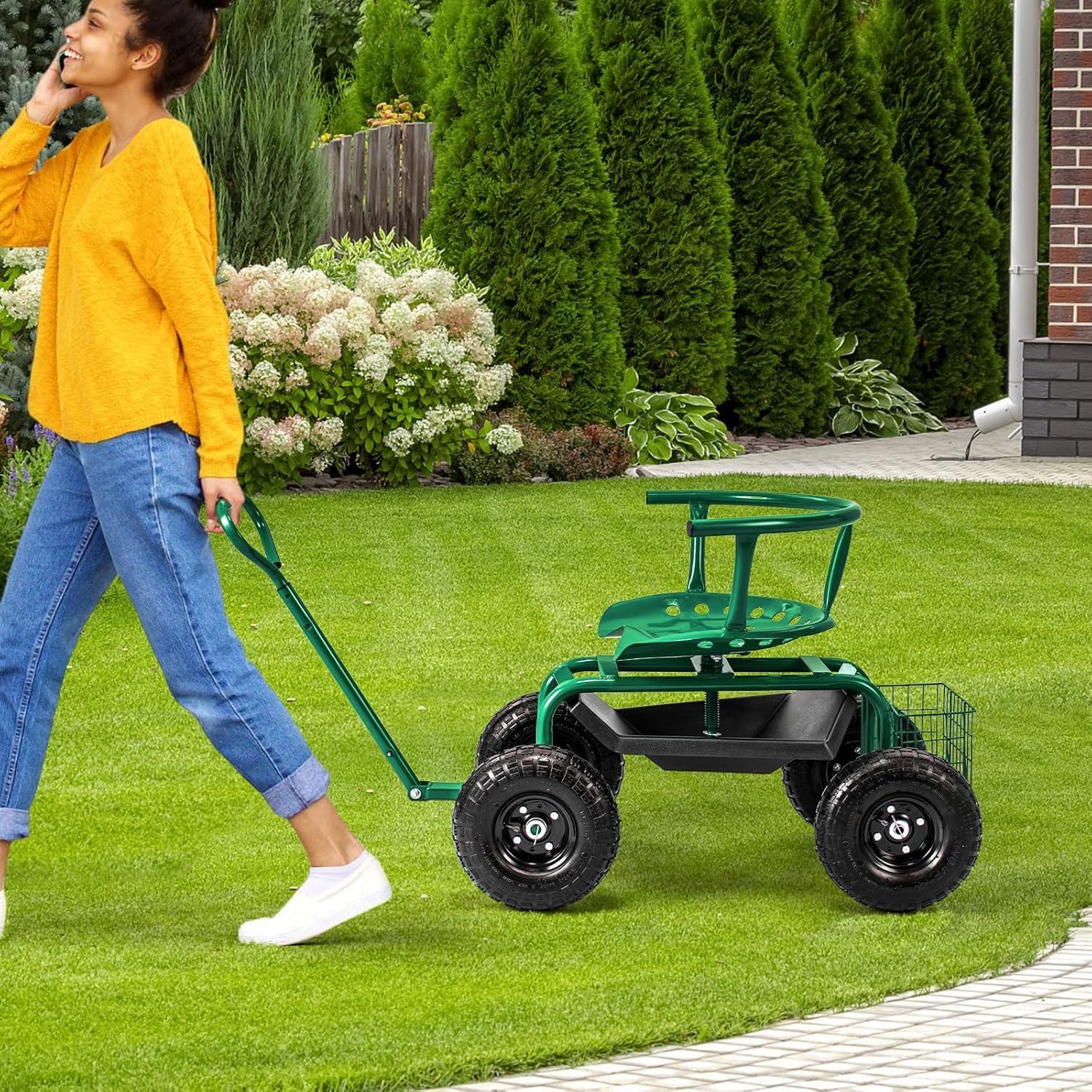 image:imageGiantex Rolling Garden Cart 360 Swivel Workseat with 4 Wheels Removal Cushion amp Tool Tray Storage Basket Gardening Wagon Scooter with Adjustable Height Handle RedGreen