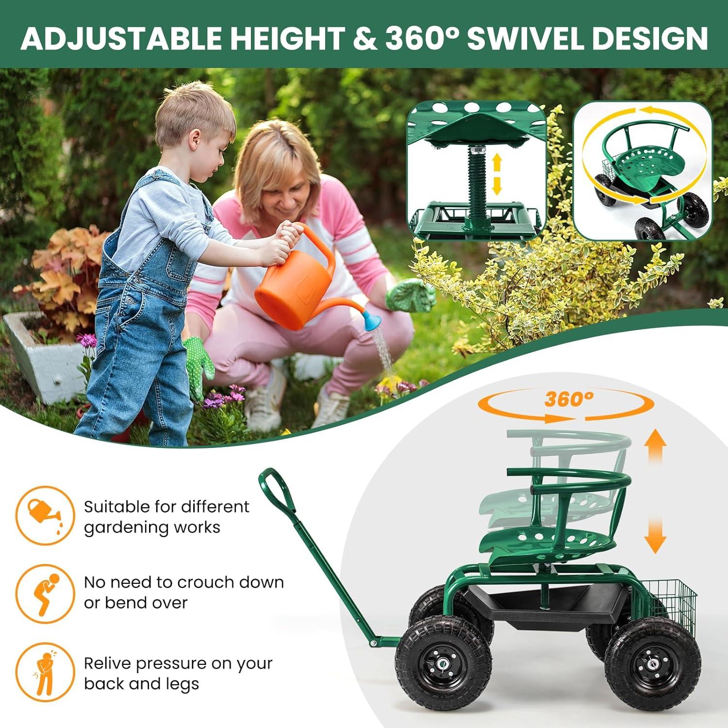 image:imageGiantex Rolling Garden Cart 360 Swivel Workseat with 4 Wheels Removal Cushion amp Tool Tray Storage Basket Gardening Wagon Scooter with Adjustable Height Handle RedGreen