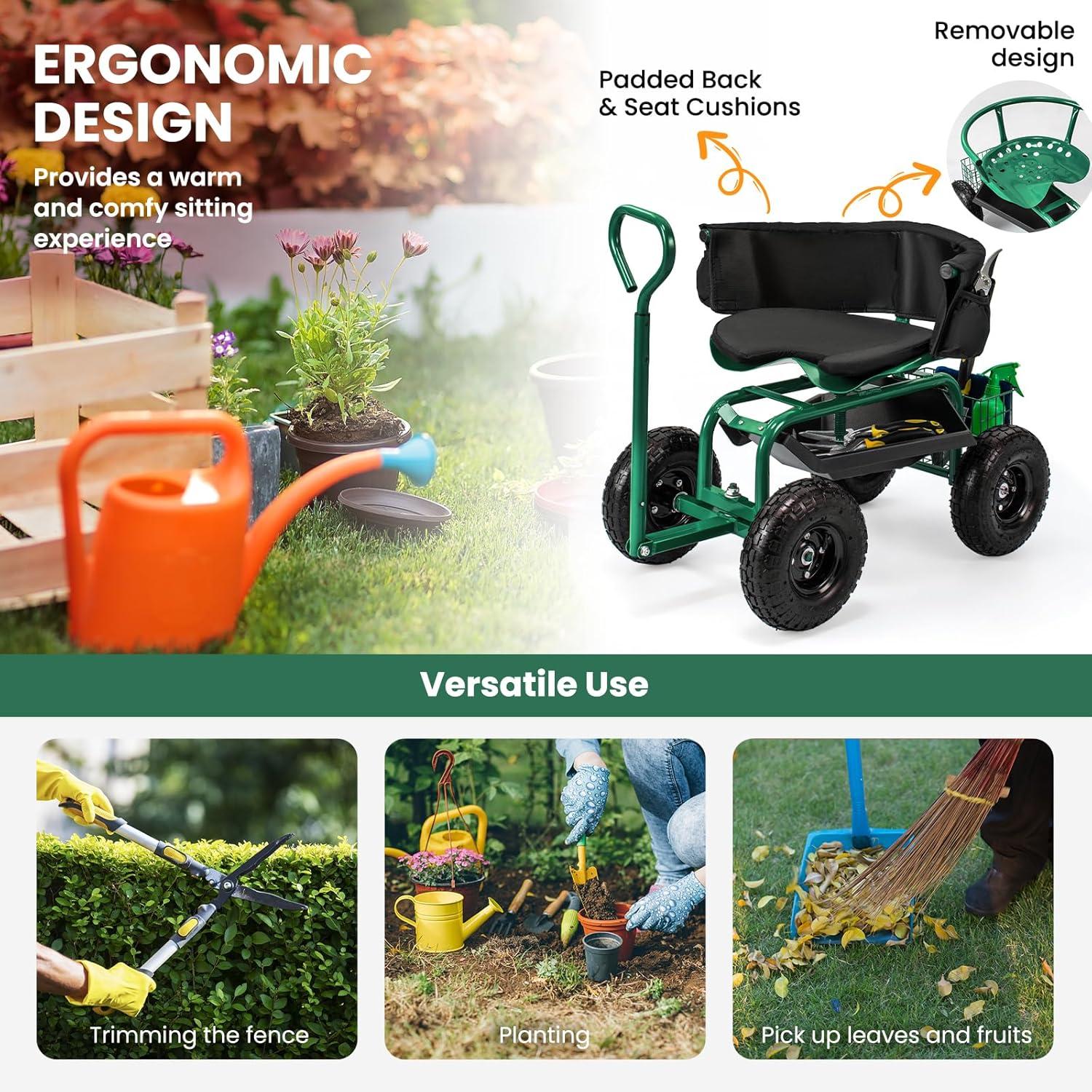 image:imageGiantex Rolling Garden Cart 360 Swivel Workseat with 4 Wheels Removal Cushion amp Tool Tray Storage Basket Gardening Wagon Scooter with Adjustable Height Handle RedGreen