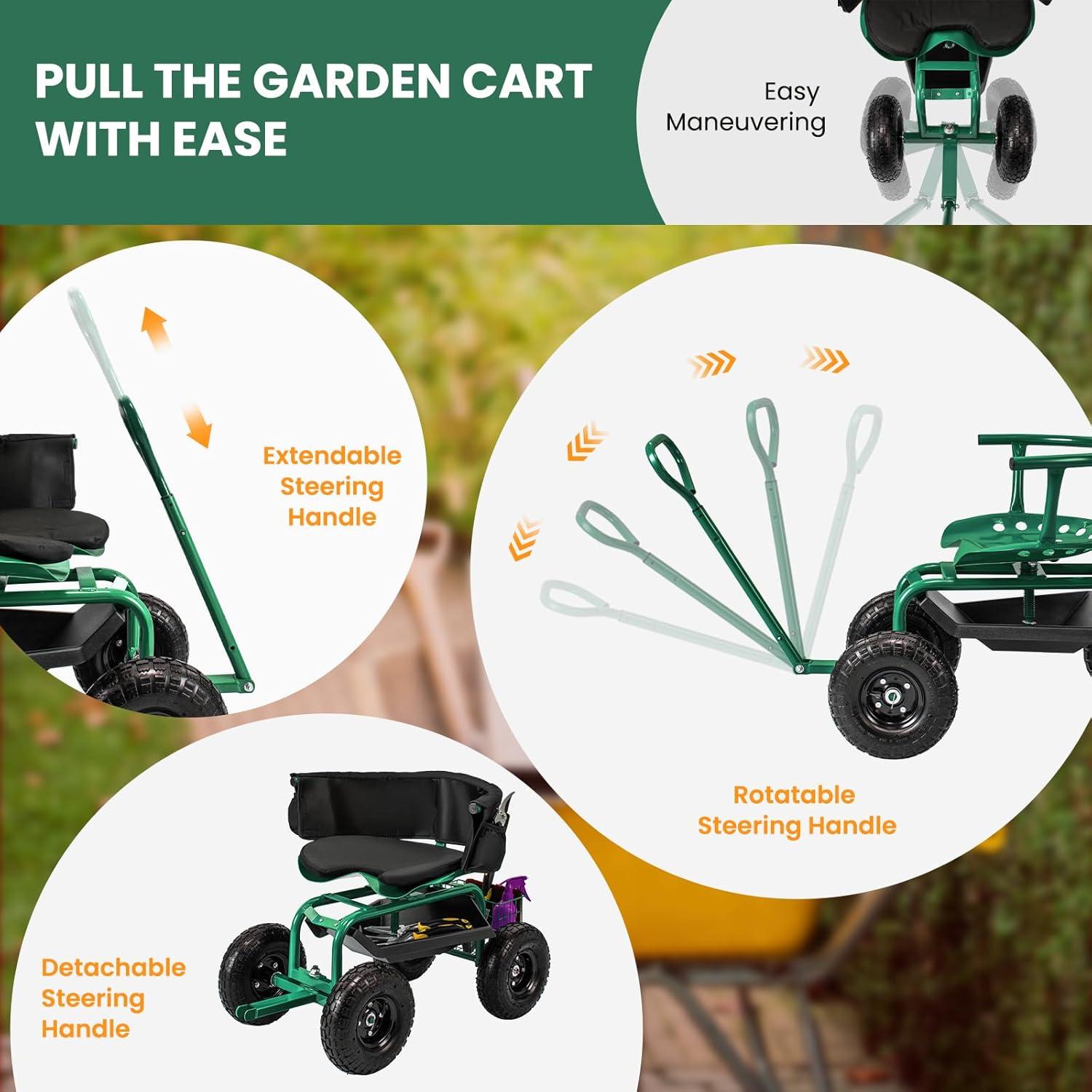 image:imageGiantex Rolling Garden Cart 360 Swivel Workseat with 4 Wheels Removal Cushion amp Tool Tray Storage Basket Gardening Wagon Scooter with Adjustable Height Handle RedGreen