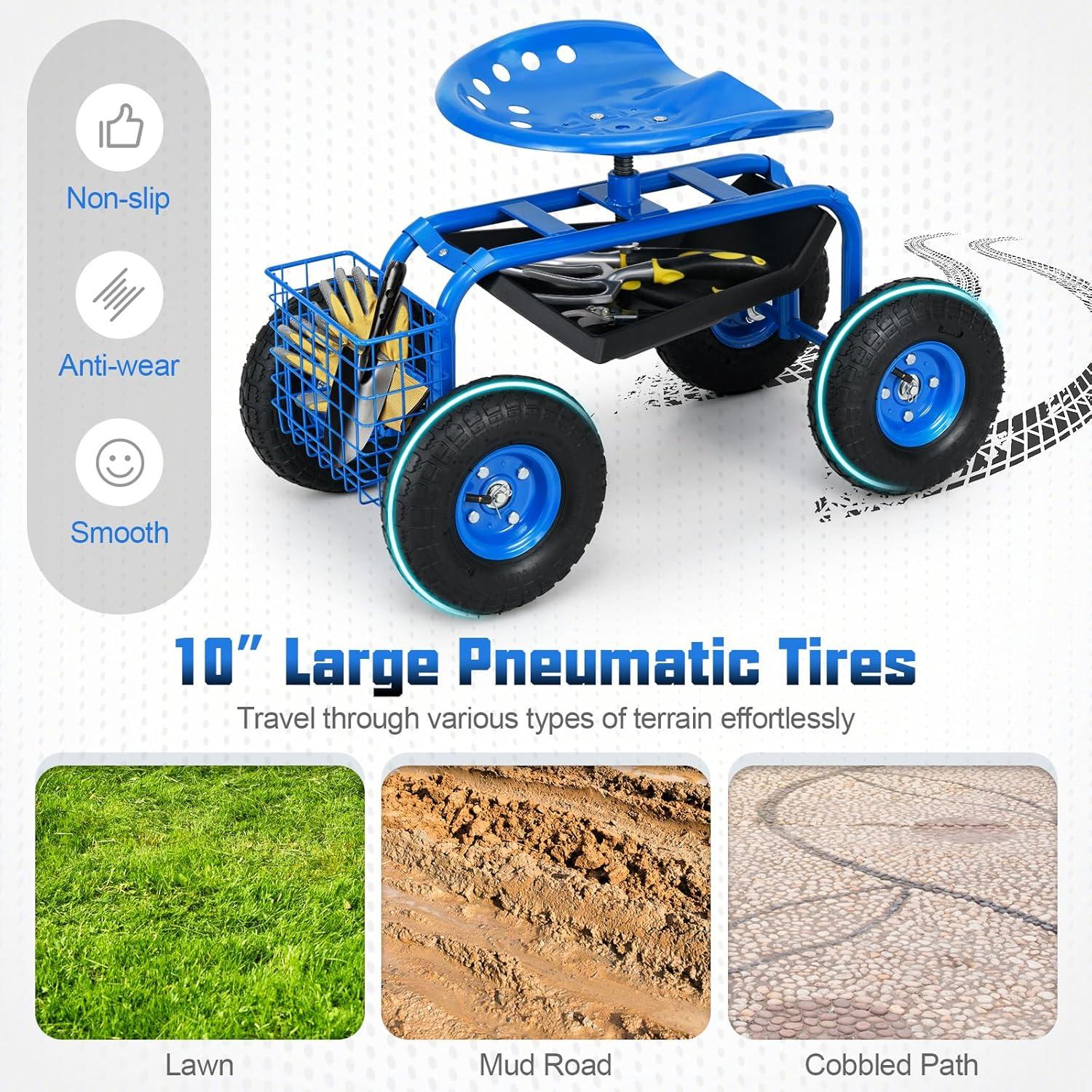 image:imageGiantex Rolling Garden Work Seat 360 Swivel Gardening Workseat with Wheels Tool Basket Adjustable Height Outdoor Scooter for Sitting Gardening Stool Chair for Planting Trimming GreenBlue