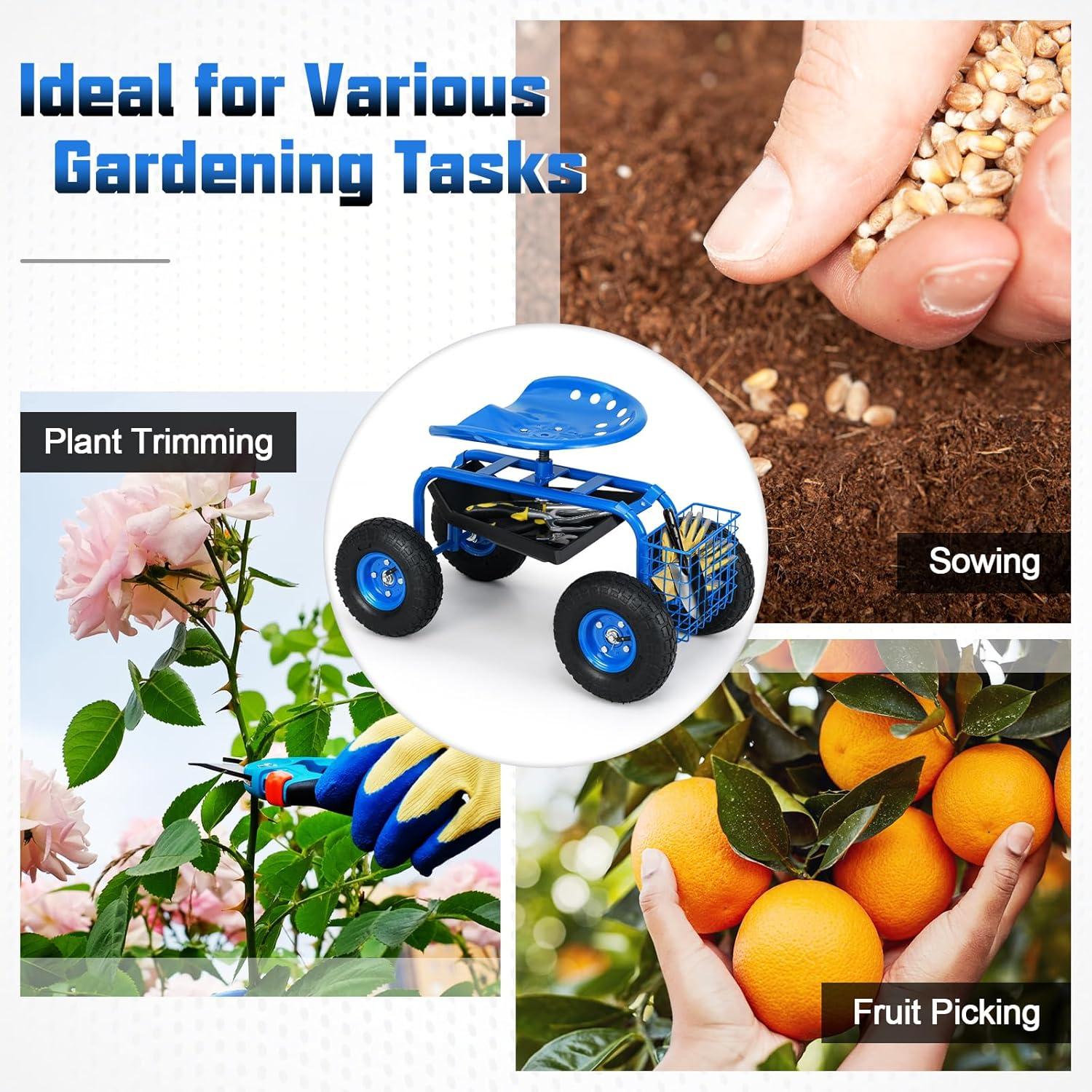 image:imageGiantex Rolling Garden Work Seat 360 Swivel Gardening Workseat with Wheels Tool Basket Adjustable Height Outdoor Scooter for Sitting Gardening Stool Chair for Planting Trimming GreenBlue