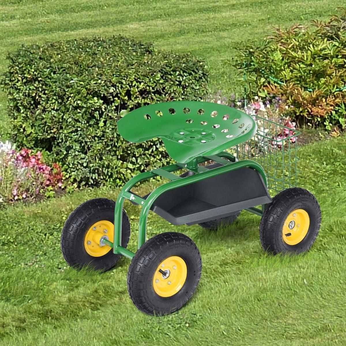 image:imageGiantex Rolling Garden Work Seat 360 Swivel Gardening Workseat with Wheels Tool Basket Adjustable Height Outdoor Scooter for Sitting Gardening Stool Chair for Planting Trimming GreenGreen