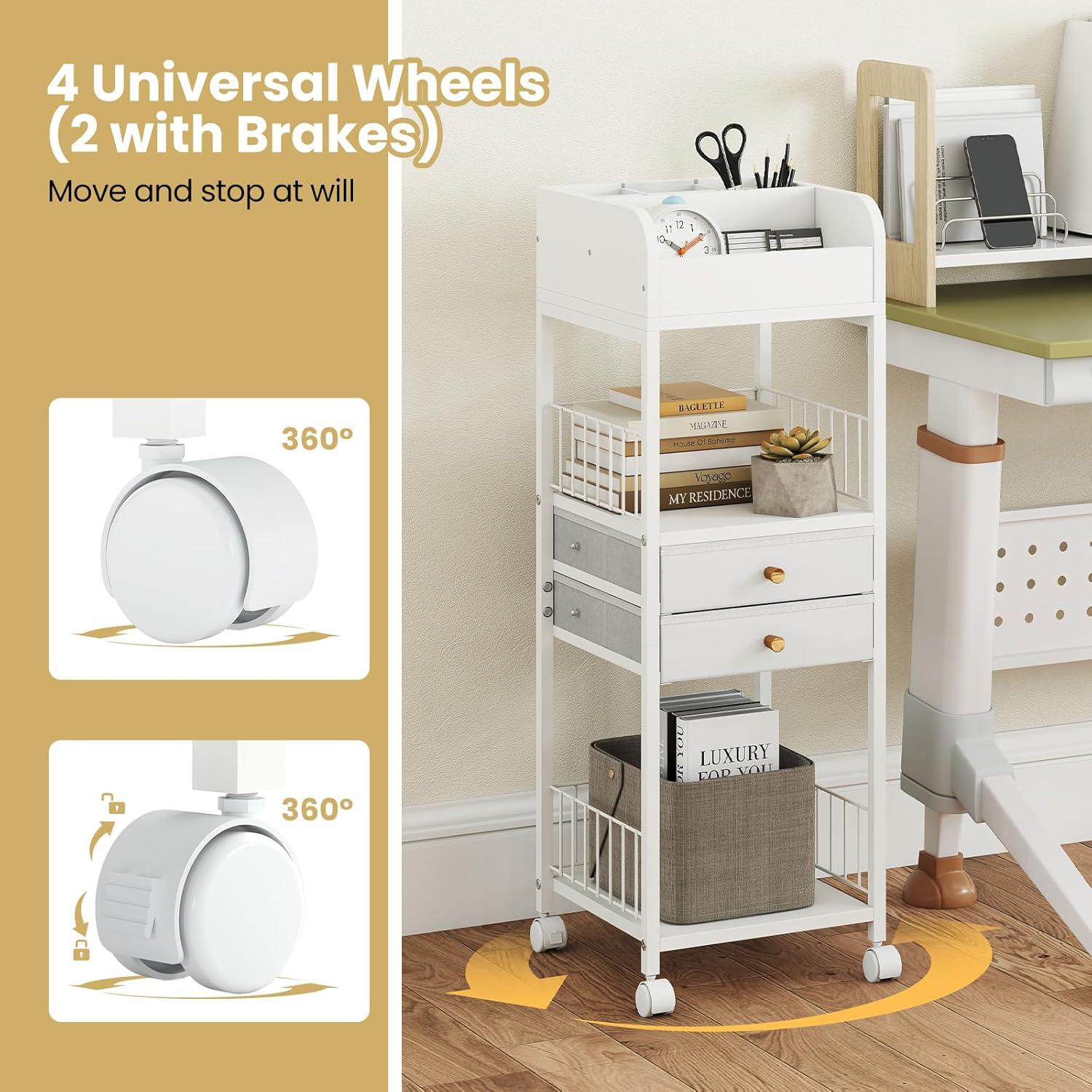 image:imageGiantex Rolling Makeup Organizer Cart with Drawers amp Shelves Cosmetic Storage Rack with Lockable Wheels Top Display Case Vanity Organizer for Skincare Perfume Brushes amp Hair Tools White