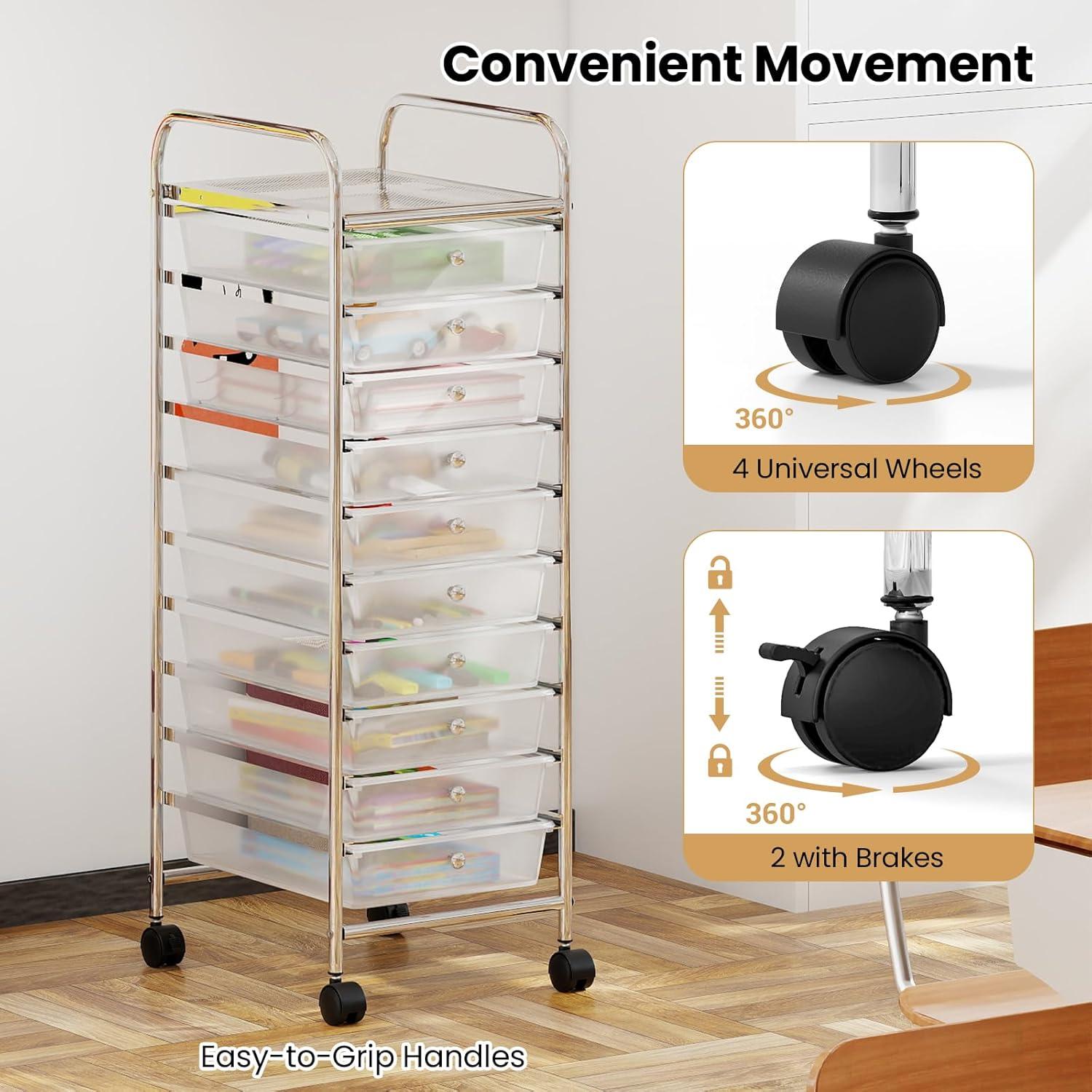 image:imageGiantex Rolling Storage Cart with 10 Drawers Utility Cart with Tabletop Drawer Organizer with Wheels for Craft Art Paper Tool Mobile Organization amp Sorting for Office Home School School SuppliesClear White