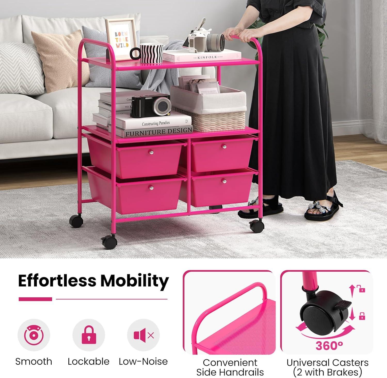 image:imageGiantex Rolling Storage Cart with 10 Drawers Utility Cart with Tabletop Drawer Organizer with Wheels for Craft Art Paper Tool Mobile Organization amp Sorting for Office Home School School SuppliesHot Pink