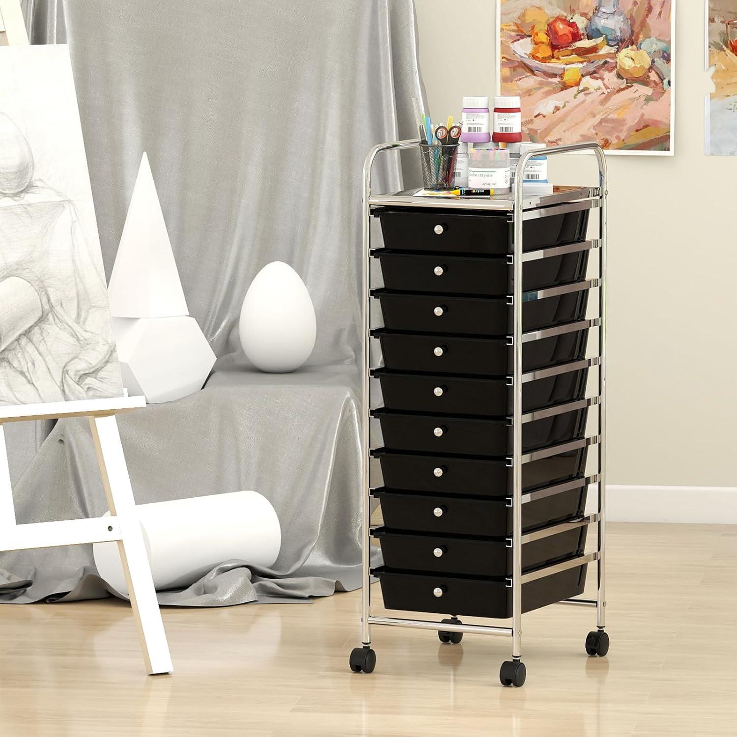 image:imageGiantex Rolling Storage Cart with 10 Drawers Utility Cart with Tabletop Drawer Organizer with Wheels for Craft Art Paper Tool Mobile Organization amp Sorting for Office Home School School SuppliesBlack