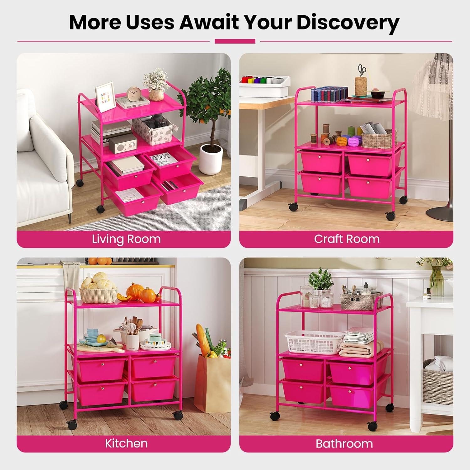 image:imageGiantex Rolling Storage Cart with 10 Drawers Utility Cart with Tabletop Drawer Organizer with Wheels for Craft Art Paper Tool Mobile Organization amp Sorting for Office Home School School SuppliesHot Pink