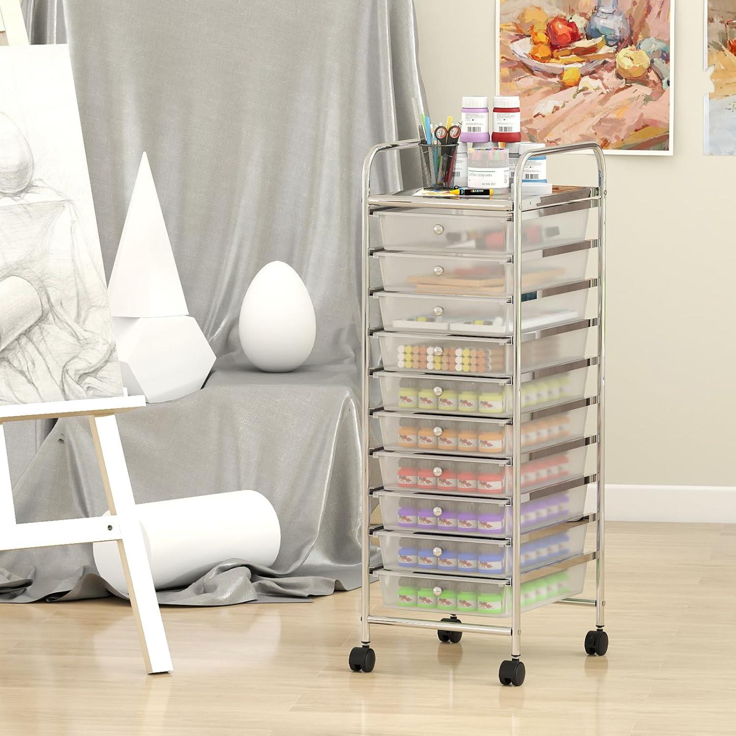 image:imageGiantex Rolling Storage Cart with 10 Drawers Utility Cart with Tabletop Drawer Organizer with Wheels for Craft Art Paper Tool Mobile Organization amp Sorting for Office Home School School SuppliesClear White