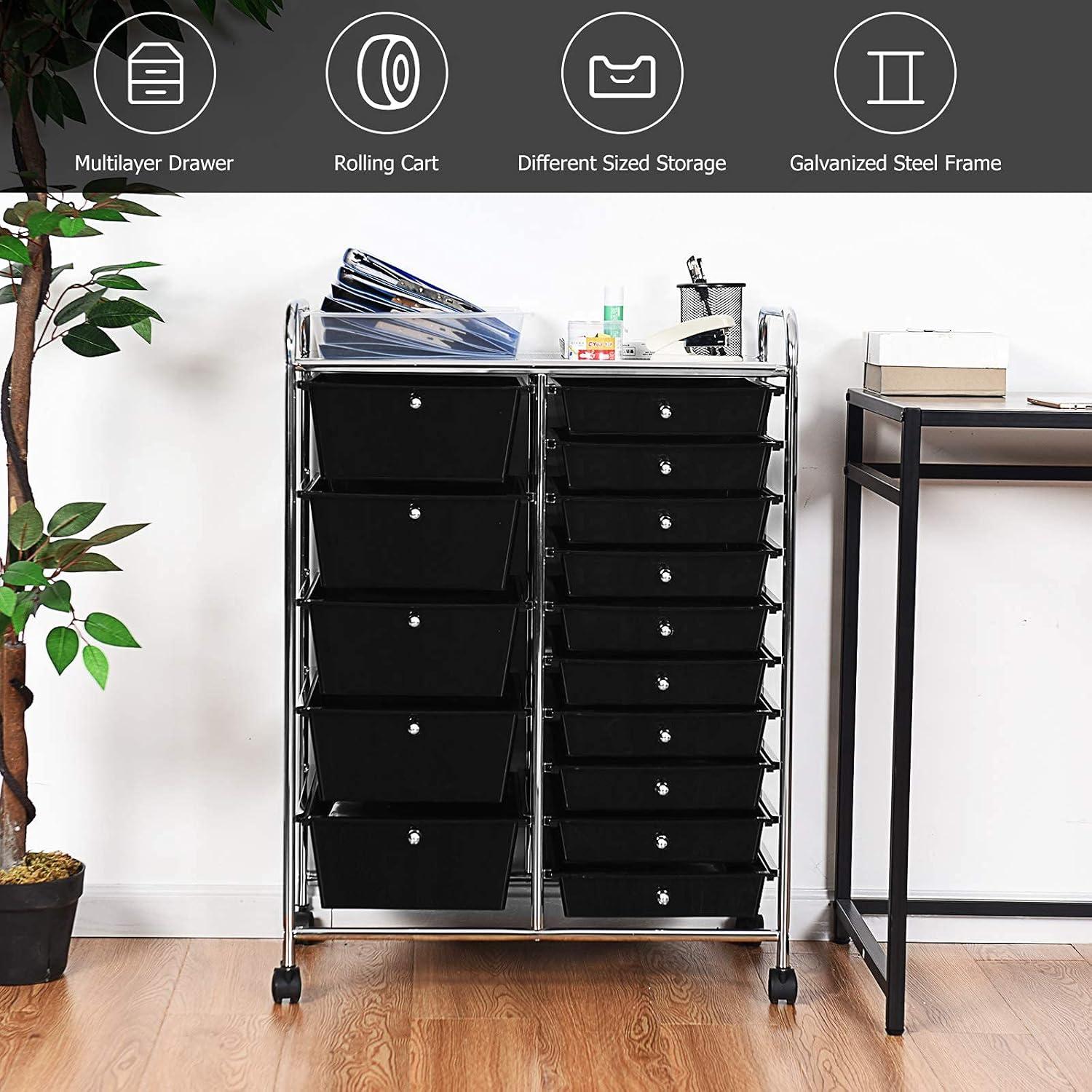 image:imageGiantex Rolling Storage Cart with 15 Drawers Mobile Book Paper Organizer Tools Trolley with Wheels Ideal for School Office Home Black