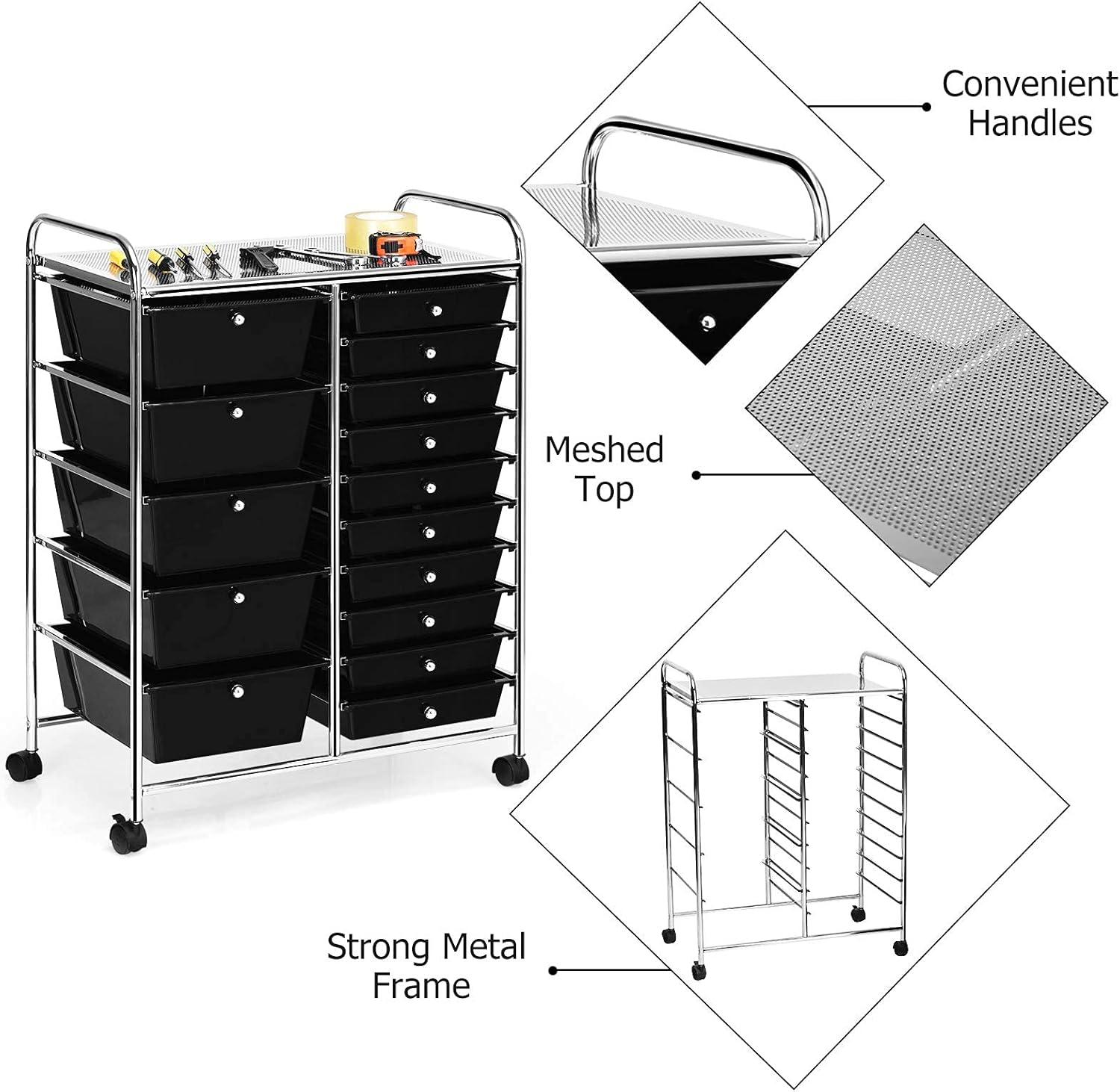 image:imageGiantex Rolling Storage Cart with 15 Drawers Mobile Book Paper Organizer Tools Trolley with Wheels Ideal for School Office Home Black