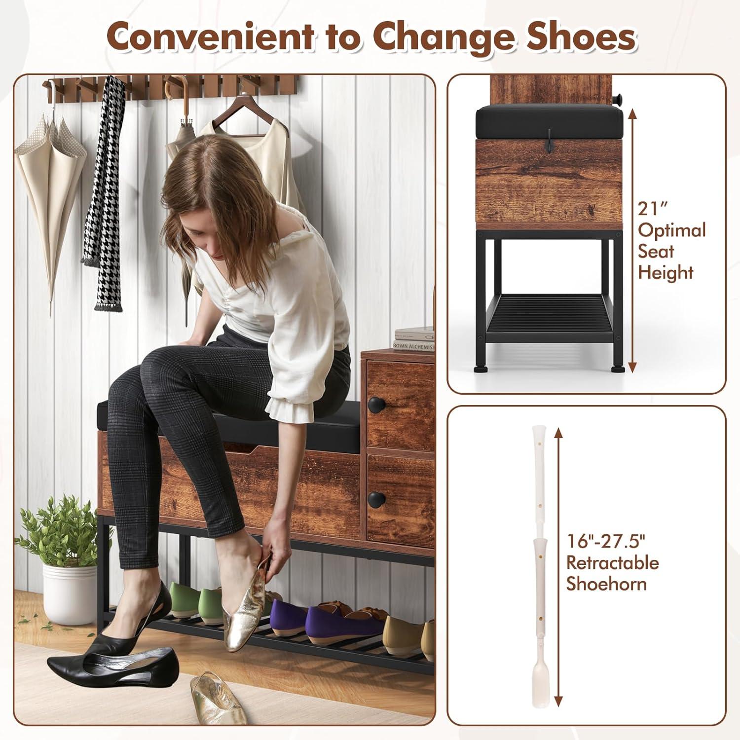 image:imageGiantex Rustic Brown Entryway Bench with Storage Flip Top Box 2 Door Cabinets Padded Cushion Shoehorn 395 Shoe Organizer for Hallway FoyerRustic Brown
