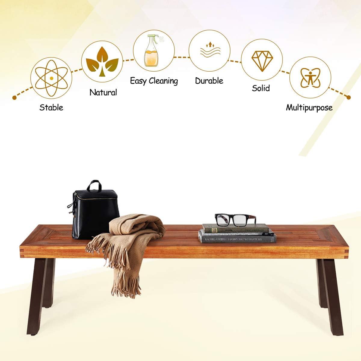 image:imageGiantex Set of 2 Outdoor Bench Acacia Wood Patio Seating Dining Benches for Garden Lawn Farmhouse and Entryway with Metal Legs Rustic Brown and Black 21