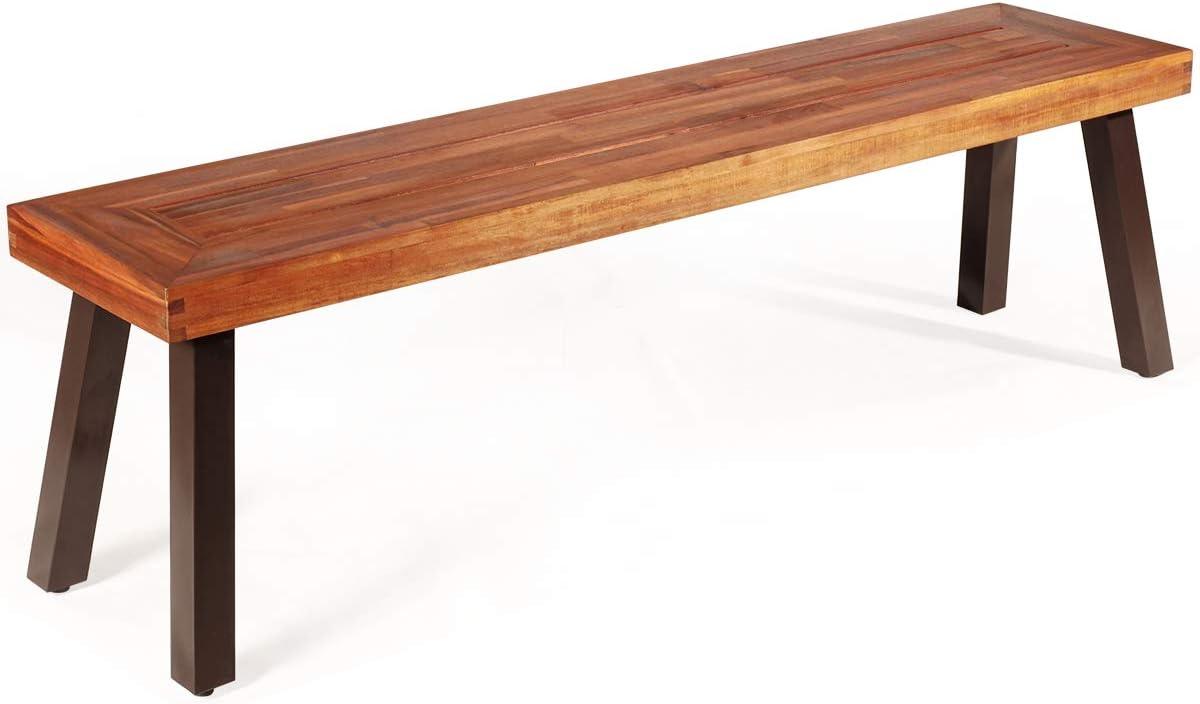 image:imageGiantex Set of 2 Outdoor Bench Acacia Wood Patio Seating Dining Benches for Garden Lawn Farmhouse and Entryway with Metal Legs Rustic Brown and Black 22