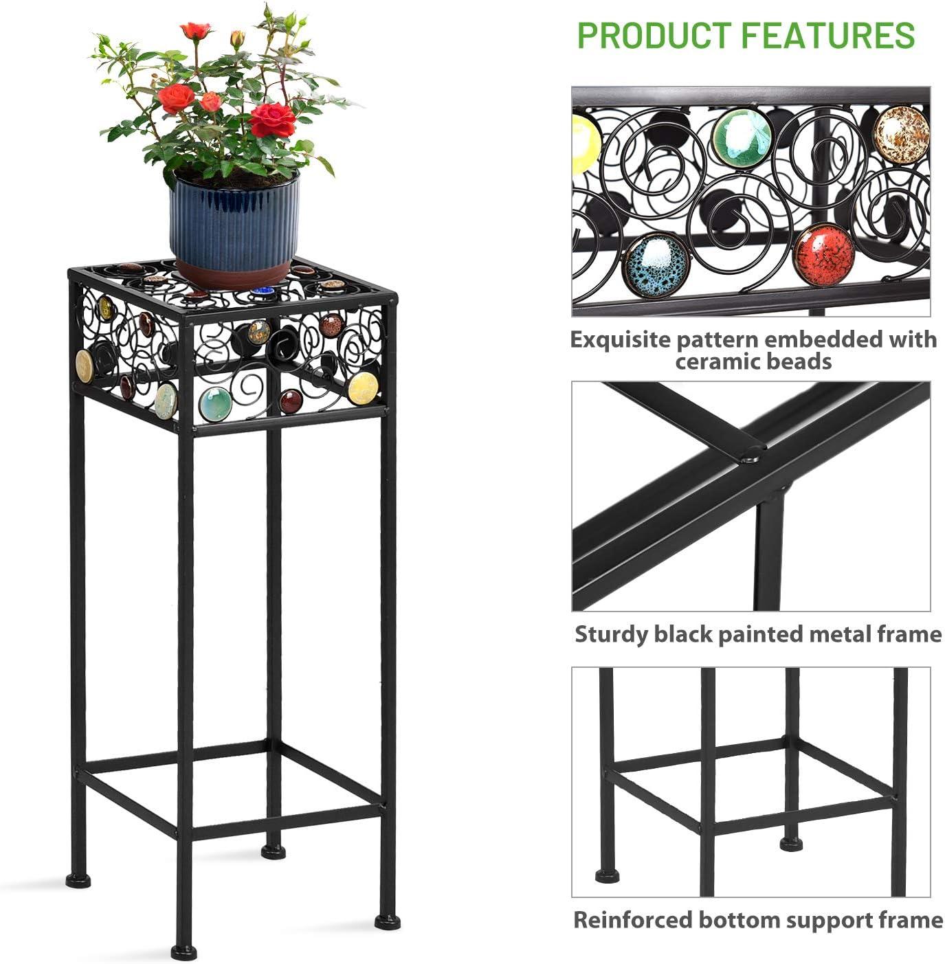 image:imageGiantex Set of 3 Metal Plant Stand 3 Pieces Flower Pot Holder Rack with Ceramic Beads Design Irons Planter Supports Display End Table for Home Patio Garden Square