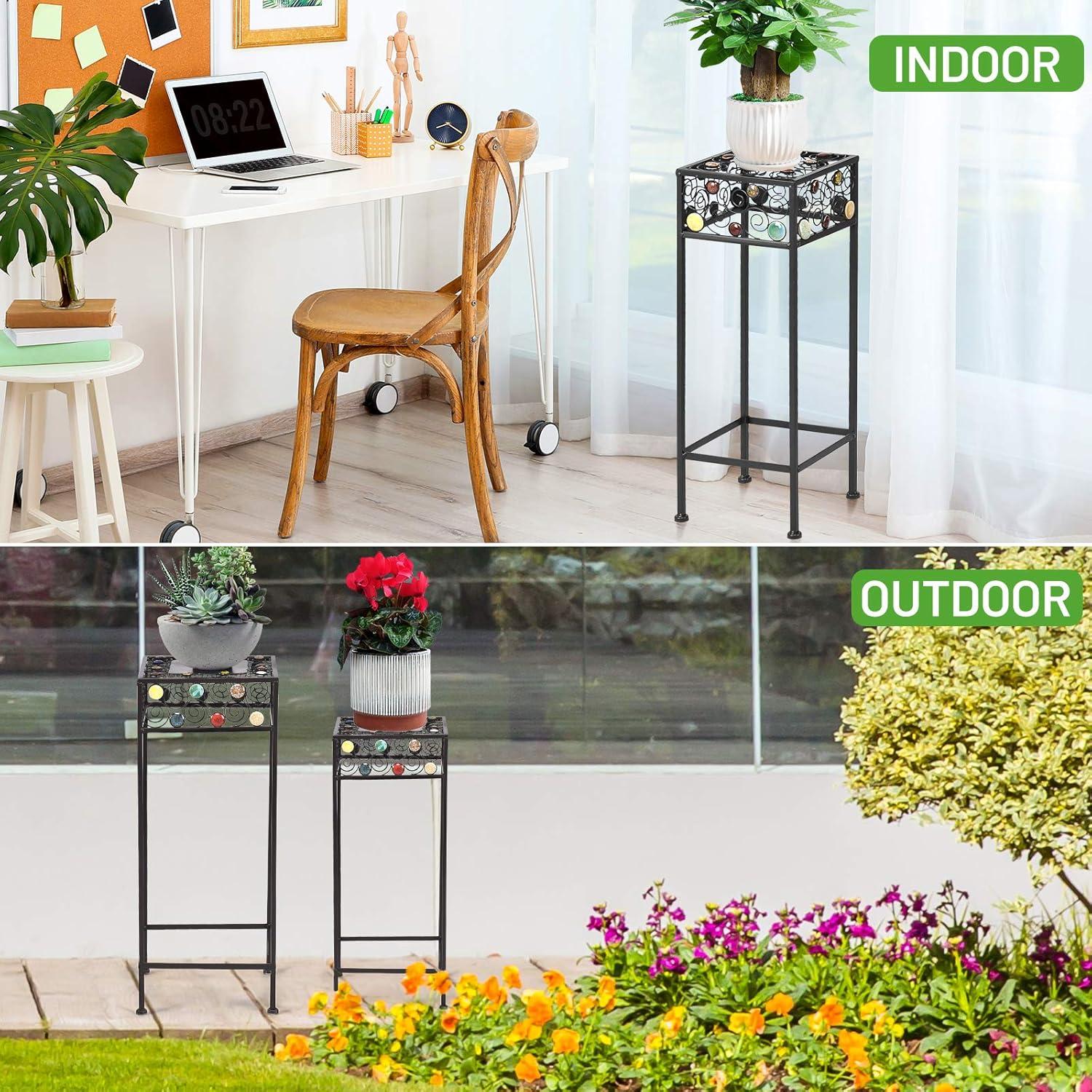 image:imageGiantex Set of 3 Metal Plant Stand 3 Pieces Flower Pot Holder Rack with Ceramic Beads Design Irons Planter Supports Display End Table for Home Patio Garden Square