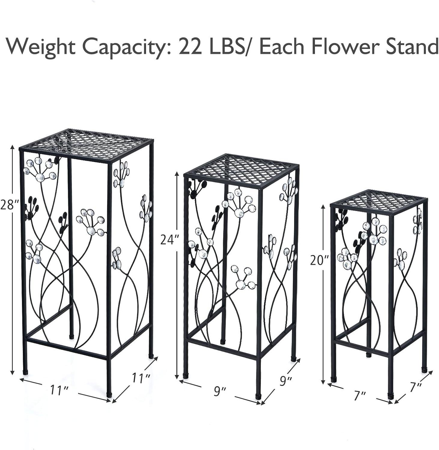 image:imageGiantex Set of 3 Metal Plant Stand 3 Pieces Flower Pots Display Rack with Vines and Crystal Floral Design Irons Planter Supports End Table for Home Patio Garden Square