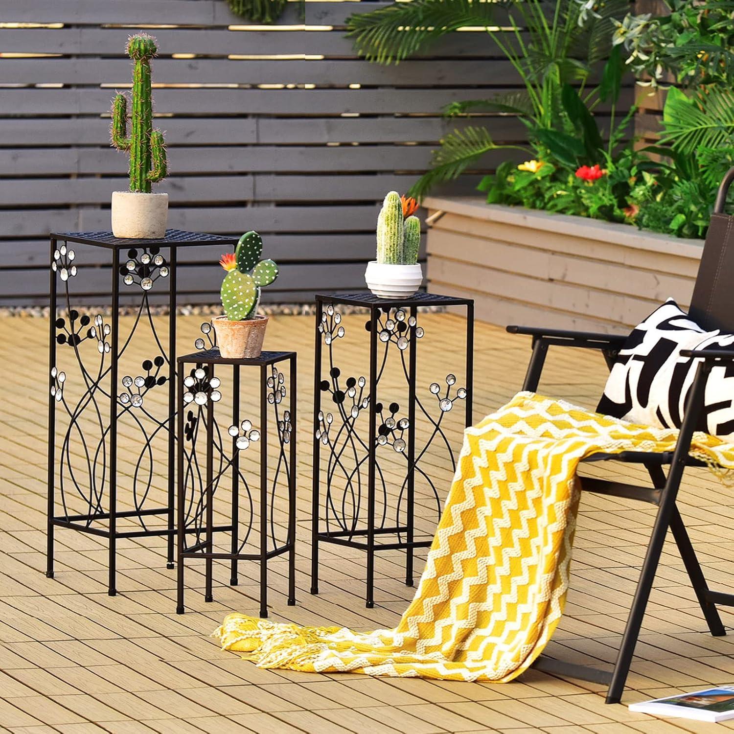 image:imageGiantex Set of 3 Metal Plant Stand 3 Pieces Flower Pots Display Rack with Vines and Crystal Floral Design Irons Planter Supports End Table for Home Patio Garden Square