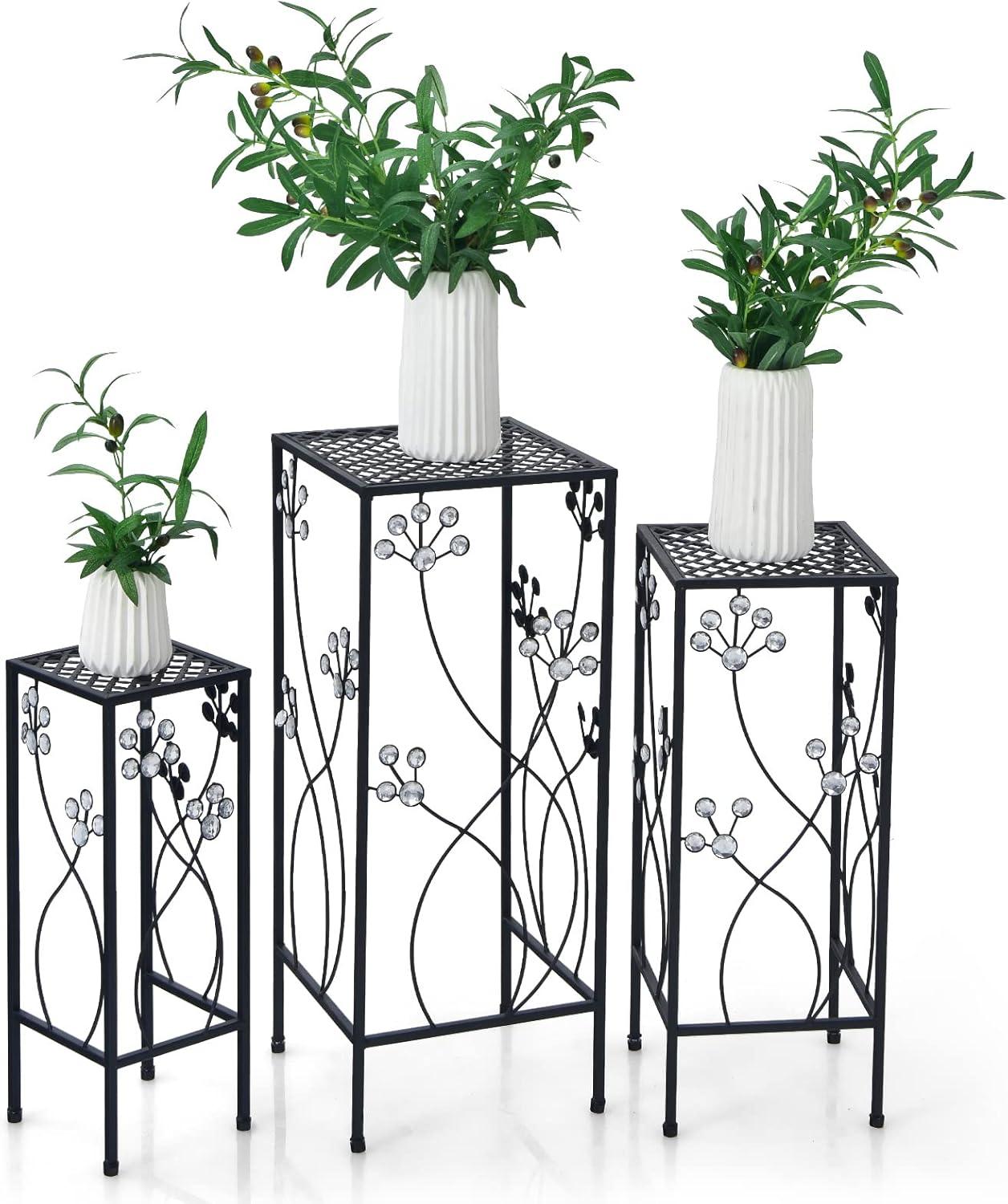 image:imageGiantex Set of 3 Metal Plant Stand 3 Pieces Flower Pots Display Rack with Vines and Crystal Floral Design Irons Planter Supports End Table for Home Patio Garden Square