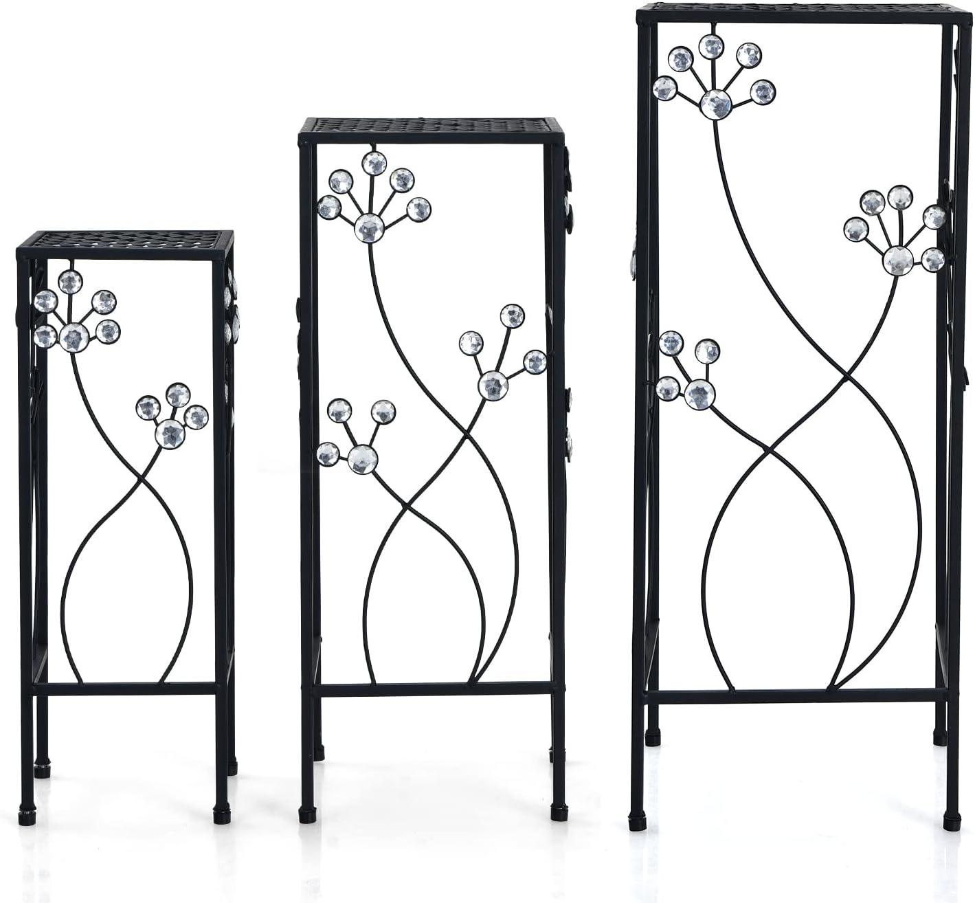 image:imageGiantex Set of 3 Metal Plant Stand 3 Pieces Flower Pots Display Rack with Vines and Crystal Floral Design Irons Planter Supports End Table for Home Patio Garden Square