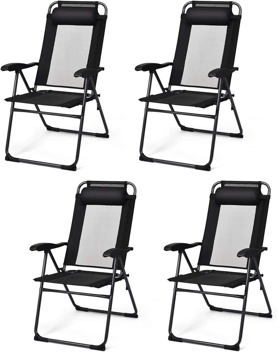 image:imageGiantex Set of 4 Patio Dining Chairs Folding Lounge Chairs with 7 Level Adjustable Backrest 300 Lbs Capacity Outdoor Portable Chairs with Metal FrameBlack