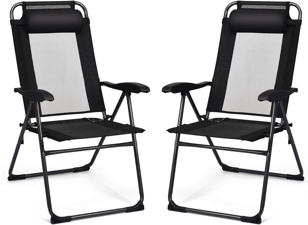 image:imageGiantex Set of 4 Patio Dining Chairs Folding Lounge Chairs with 7 Level Adjustable Backrest 300 Lbs Capacity Outdoor Portable Chairs with Metal FrameBlack