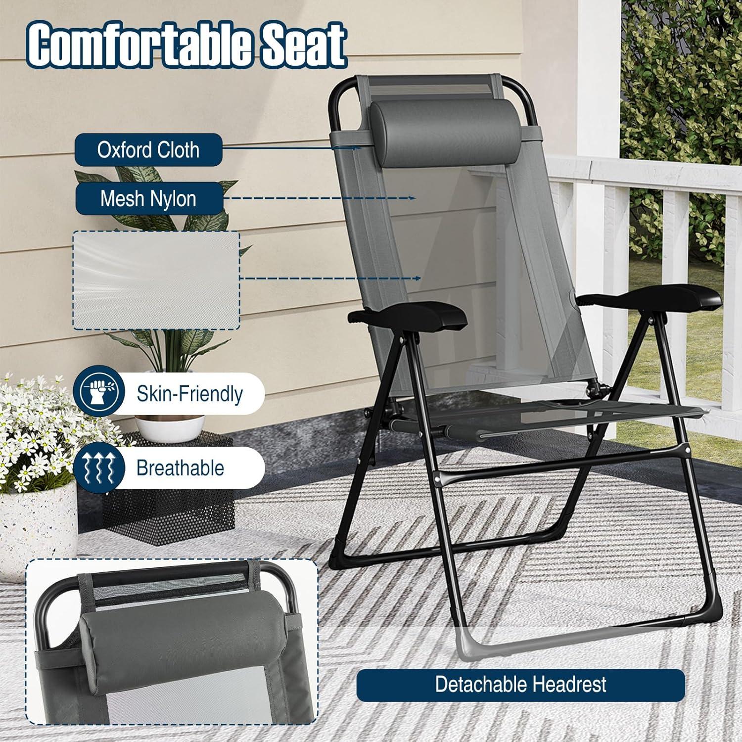 image:imageGiantex Set of 4 Patio Dining Chairs Folding Lounge Chairs with 7 Level Adjustable Backrest 300 Lbs Capacity Outdoor Portable Chairs with Metal FrameDark Gray