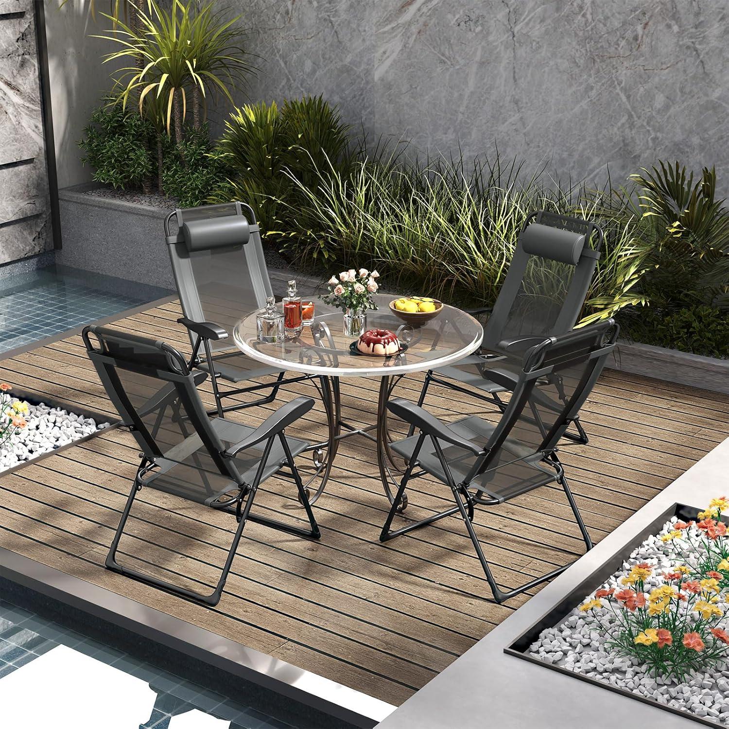 image:imageGiantex Set of 4 Patio Dining Chairs Folding Lounge Chairs with 7 Level Adjustable Backrest 300 Lbs Capacity Outdoor Portable Chairs with Metal FrameDark Gray