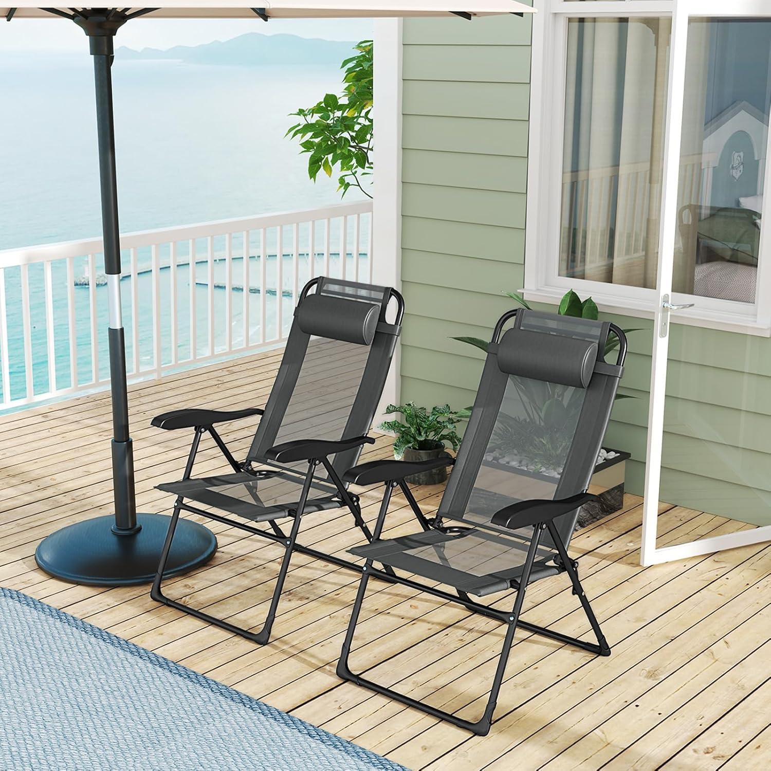 image:imageGiantex Set of 4 Patio Dining Chairs Folding Lounge Chairs with 7 Level Adjustable Backrest 300 Lbs Capacity Outdoor Portable Chairs with Metal FrameDark Gray