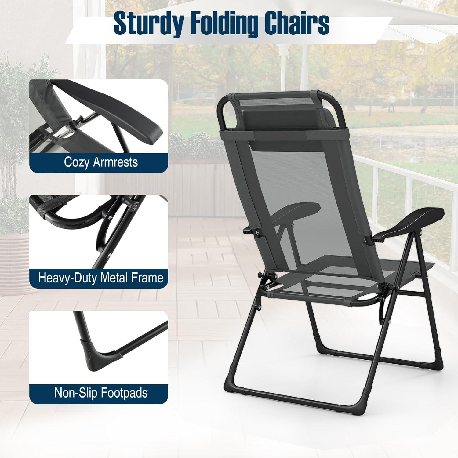image:imageGiantex Set of 4 Patio Dining Chairs Folding Lounge Chairs with 7 Level Adjustable Backrest 300 Lbs Capacity Outdoor Portable Chairs with Metal FrameDark Gray