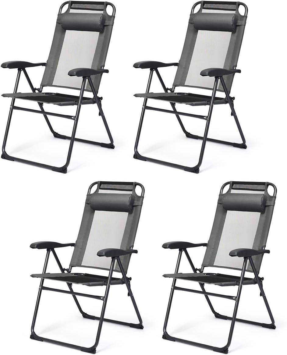 image:imageGiantex Set of 4 Patio Dining Chairs Folding Lounge Chairs with 7 Level Adjustable Backrest 300 Lbs Capacity Outdoor Portable Chairs with Metal FrameGrey
