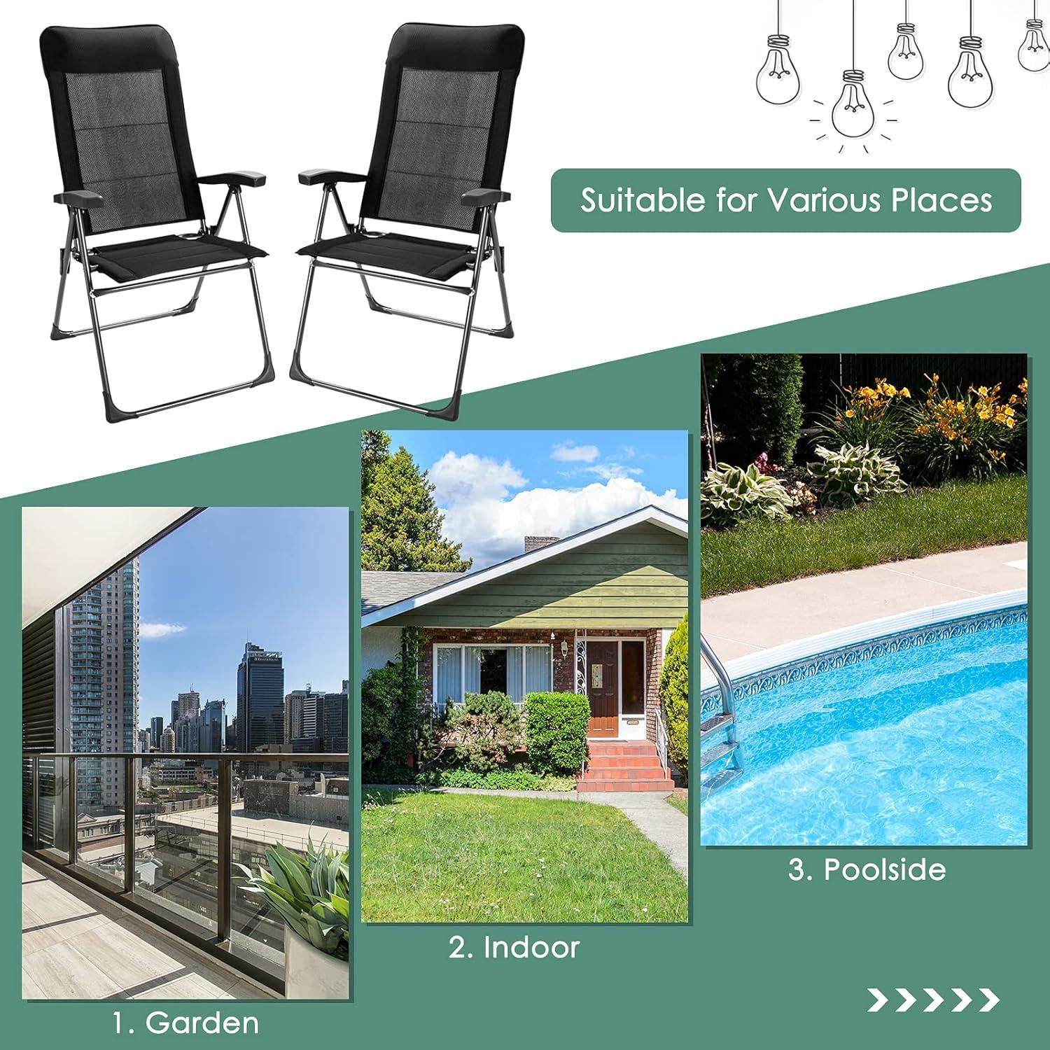 image:imageGiantex Set of 4 Patio Dining Chairs Folding Patio Chairs Outdoor Lawn Chairs with Adjustable Backrest and Headrest Sling Camping Chairs Portable Armchair for Porch Poolside Garden BackyardBlack
