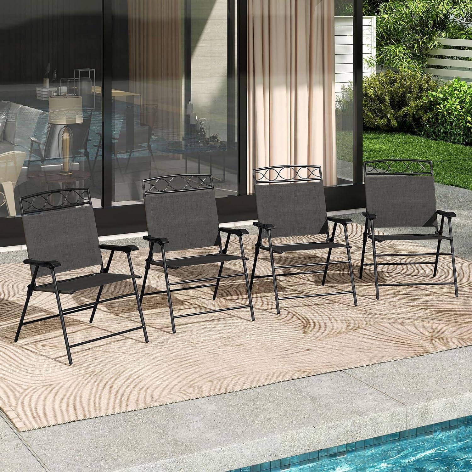 image:imageGiantex Set of 4 Patio Folding dining chairs for Camping Beach Backyard Deck Portable wArmrest and Metal Frame 4Pack BrownGrey