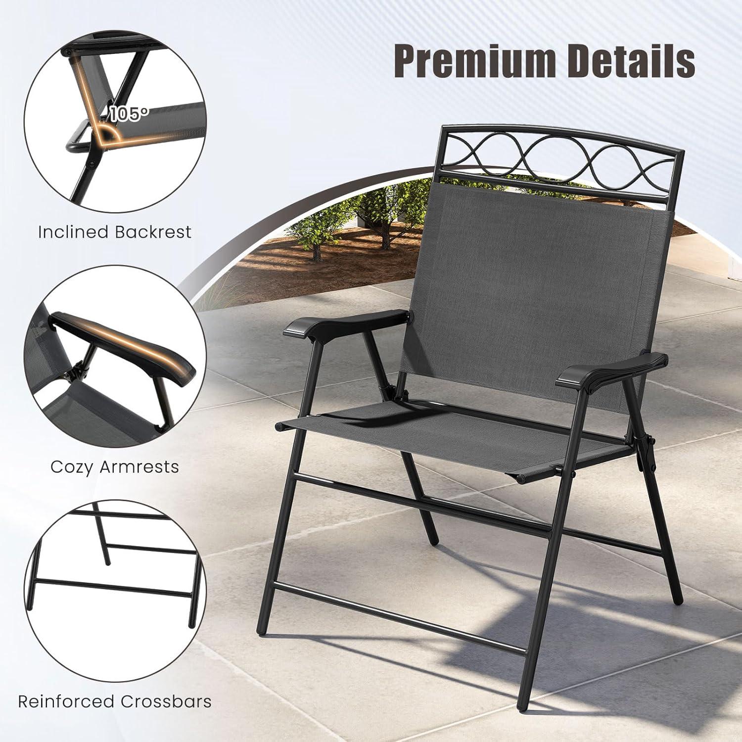 image:imageGiantex Set of 4 Patio Folding dining chairs for Camping Beach Backyard Deck Portable wArmrest and Metal Frame 4Pack BrownGrey