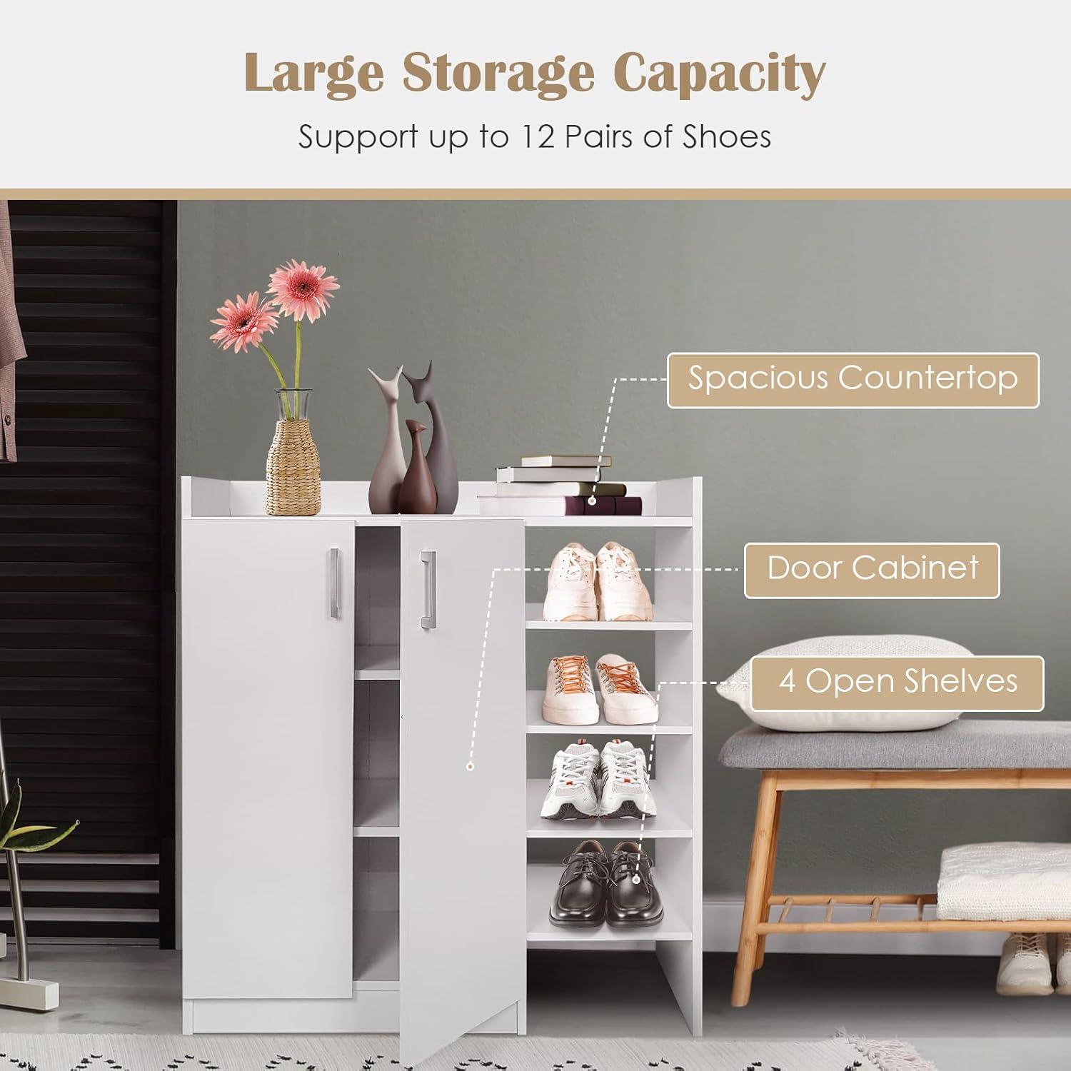 image:imageGiantex Shoe Cabinet Freestanding Shoe Rack Storage Organizer with 5Position Adjustable Shelves 2Door Storage Cabinet with 5 Open Compartments for Entryway Hallway Living Room White