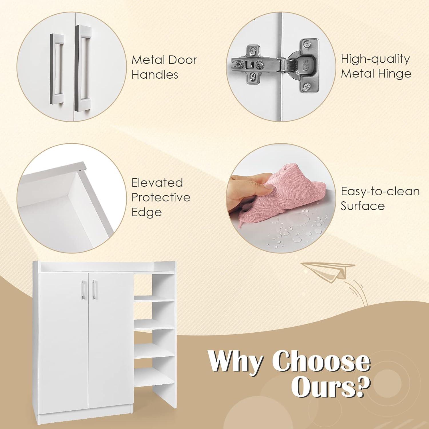 image:imageGiantex Shoe Cabinet Freestanding Shoe Rack Storage Organizer with 5Position Adjustable Shelves 2Door Storage Cabinet with 5 Open Compartments for Entryway Hallway Living Room White