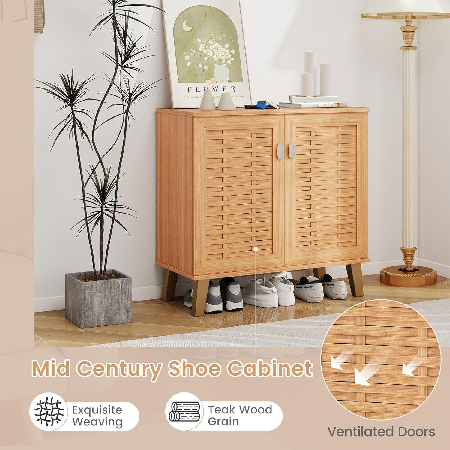 image:imageGiantex Shoe Cabinet with Doors 4Tier Farmhouse Shoe Rack Cabinet with 3 Adjustable Shelves Freestanding Wood Shoe Storage Cabinet for Entryway Closet Hallway Living Room