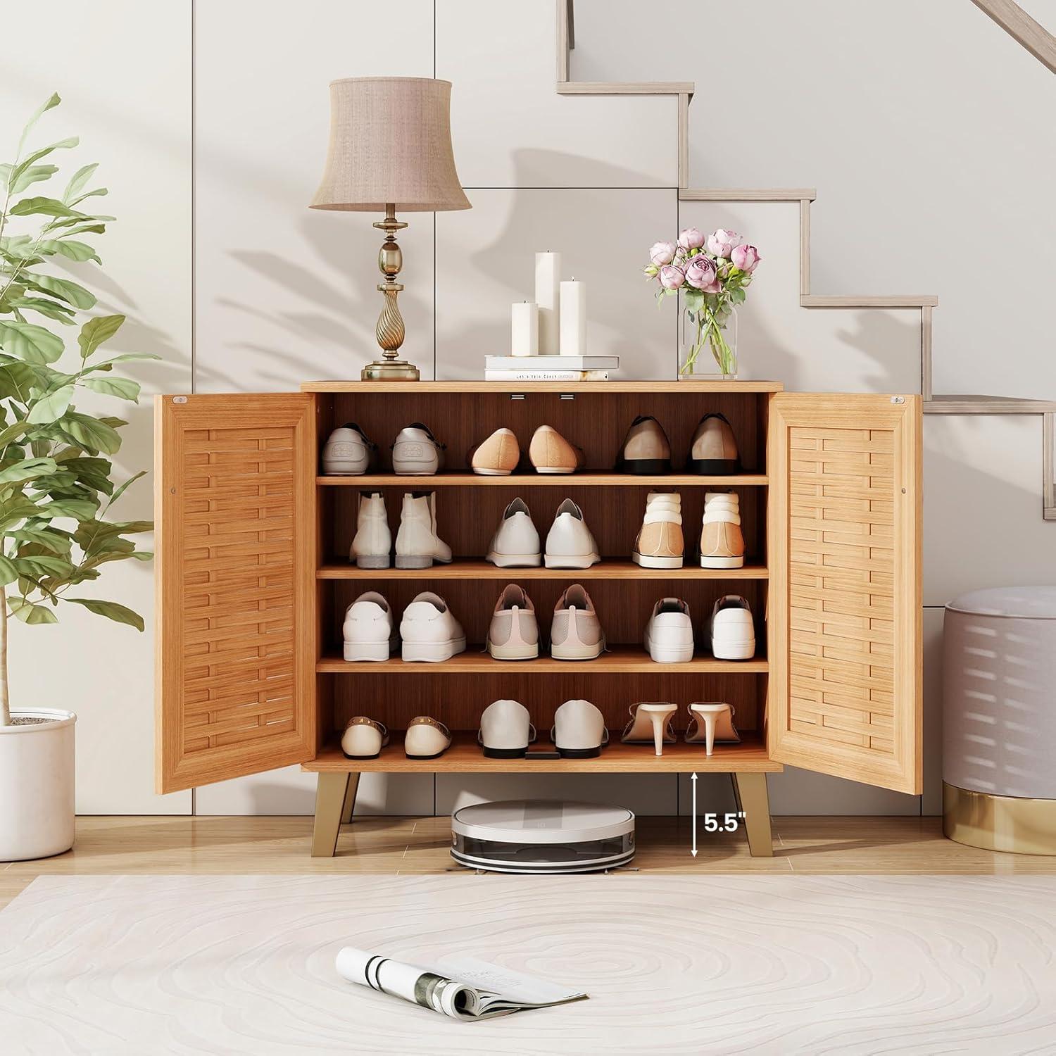 image:imageGiantex Shoe Cabinet with Doors 4Tier Farmhouse Shoe Rack Cabinet with 3 Adjustable Shelves Freestanding Wood Shoe Storage Cabinet for Entryway Closet Hallway Living Room