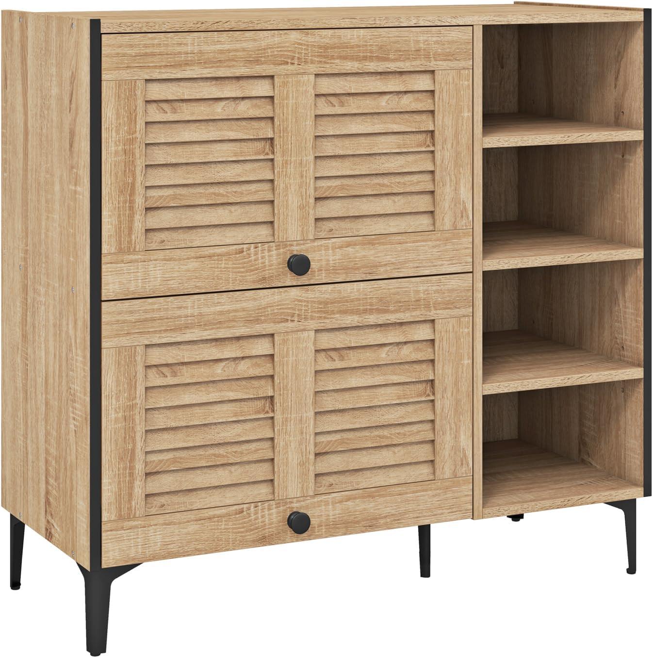 image:imageGiantex Shoe Cabinet with Flip amp Slide Doors Entry Way Shoe Rack Cabinet with Adjustable Cube Shelves Freestanding Wood Shoe Cabinet Storage for Entryway Closet Hallway Living Room Foyer OakLouvered Doors