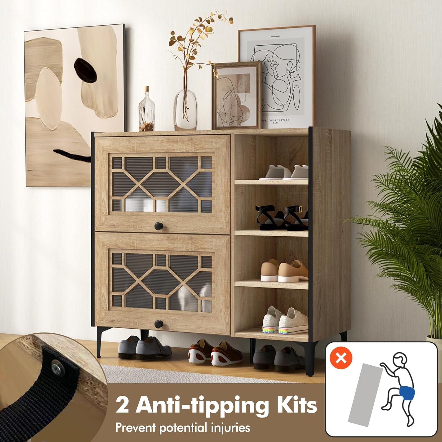 image:imageGiantex Shoe Cabinet with Flip amp Slide Doors Entry Way Shoe Rack Cabinet with Adjustable Cube Shelves Freestanding Wood Shoe Cabinet Storage for Entryway Closet Hallway Living Room Foyer OakDecorative Doors
