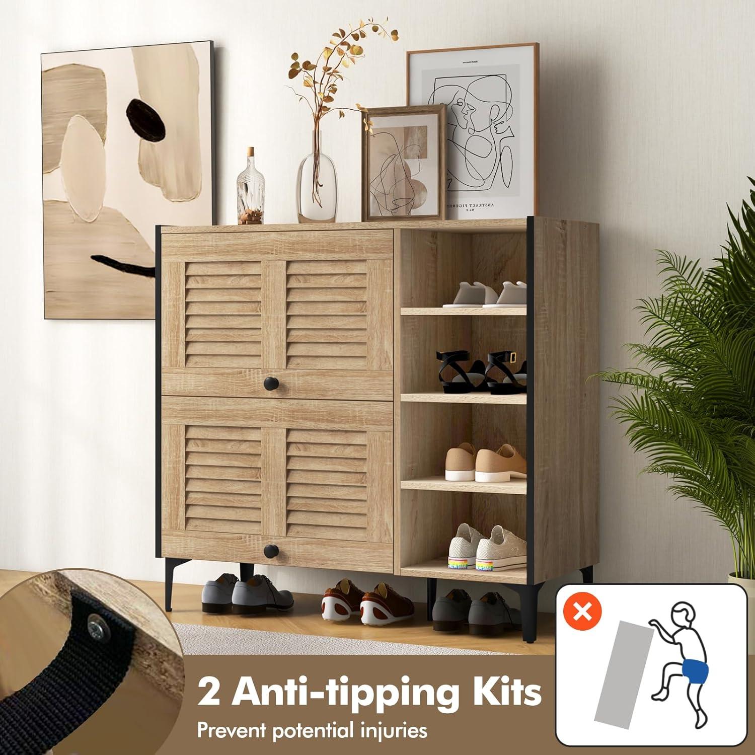 image:imageGiantex Shoe Cabinet with Flip amp Slide Doors Entry Way Shoe Rack Cabinet with Adjustable Cube Shelves Freestanding Wood Shoe Cabinet Storage for Entryway Closet Hallway Living Room Foyer OakLouvered Doors