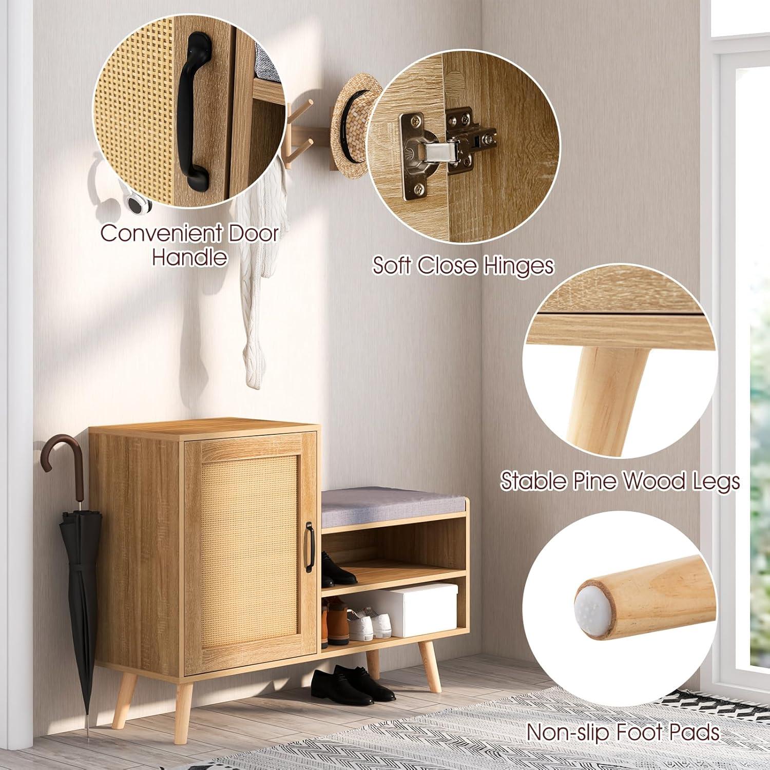image:imageGiantex Shoe Cabinet with Shoe Bench Rattan Shoe Storage Cabinet Shoe Rack Organizer for 1012 Pairs Padding Seat Cushion Boho Entryway Bench with Shelves for Hallway Mudroom Bedroom