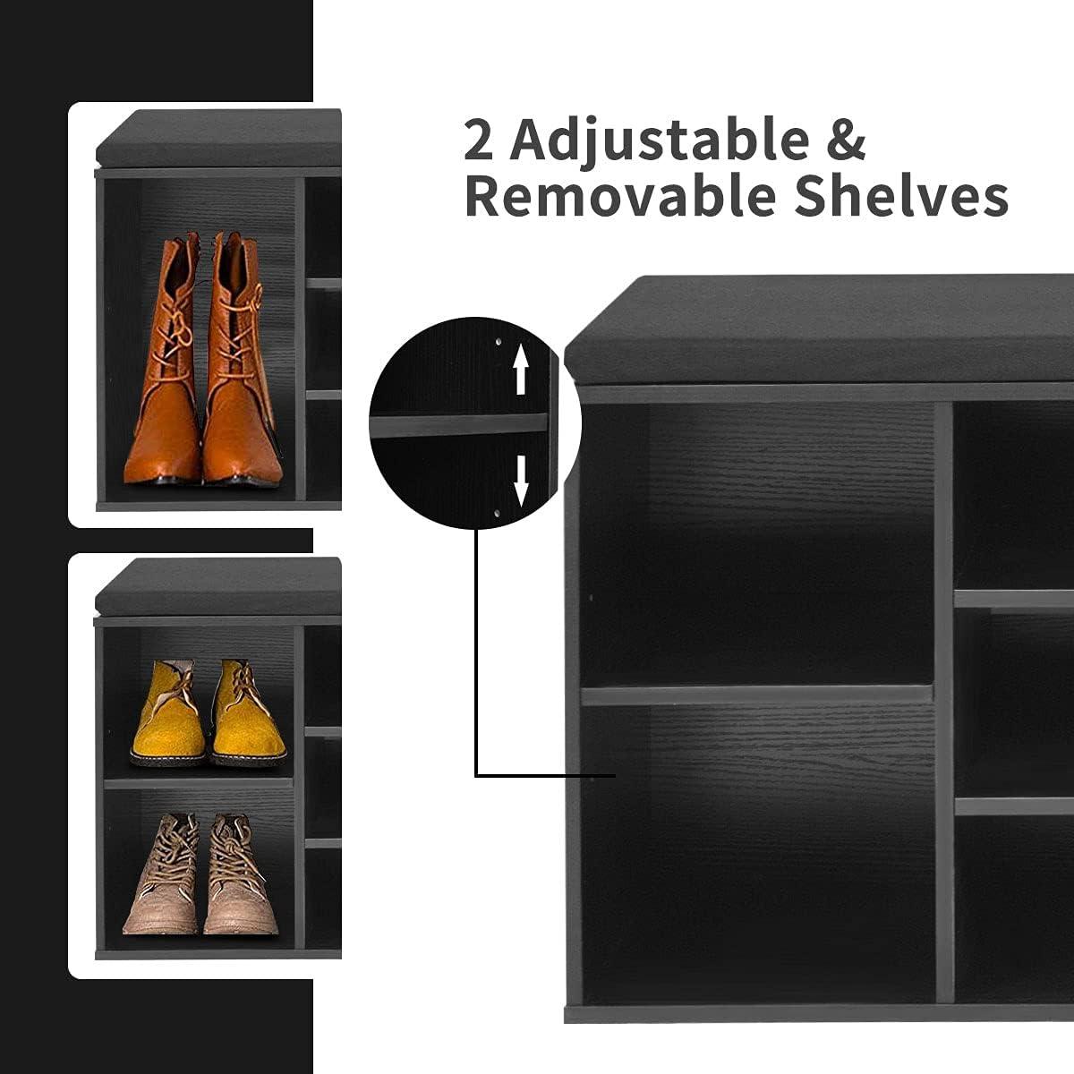 image:imageGiantex Shoe Storage Bench with Cushion Entryway Shoe Rack Bench Adjustable Shelves 10Cubbies Shoe Organizer Bench for Entryway Living Room Bedroom Hallway Closet Mudroom WhiteBlack