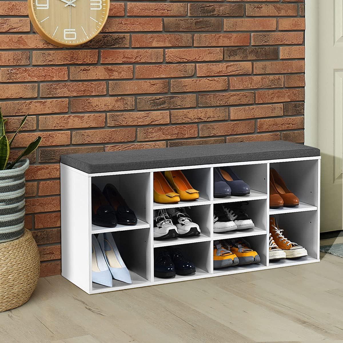 image:imageGiantex Shoe Storage Bench with Cushion Entryway Shoe Rack Bench Adjustable Shelves 10Cubbies Shoe Organizer Bench for Entryway Living Room Bedroom Hallway Closet Mudroom WhiteWhite