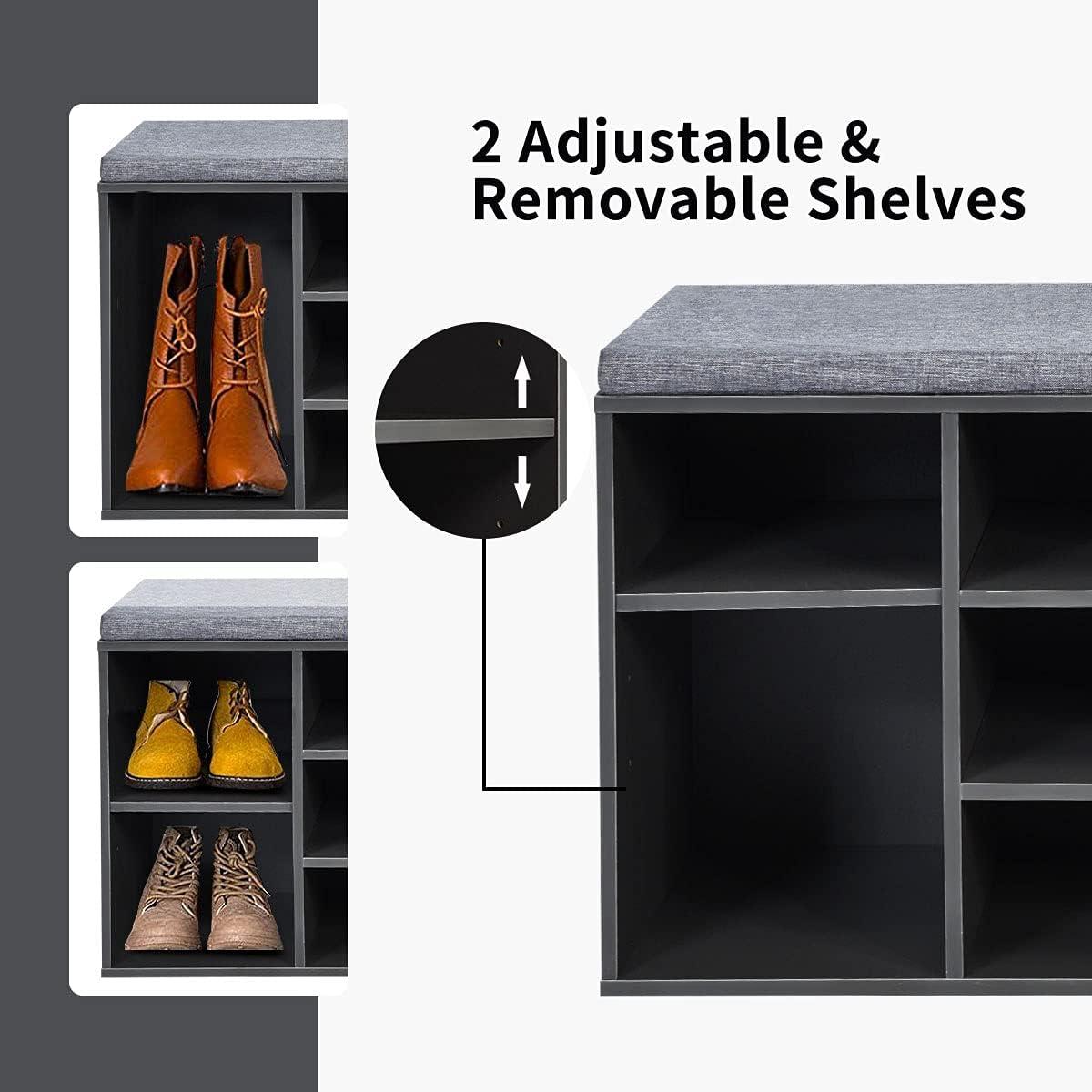 image:imageGiantex Shoe Storage Bench with Cushion Entryway Shoe Rack Bench Adjustable Shelves 10Cubbies Shoe Organizer Bench for Entryway Living Room Bedroom Hallway Closet Mudroom WhiteGrey