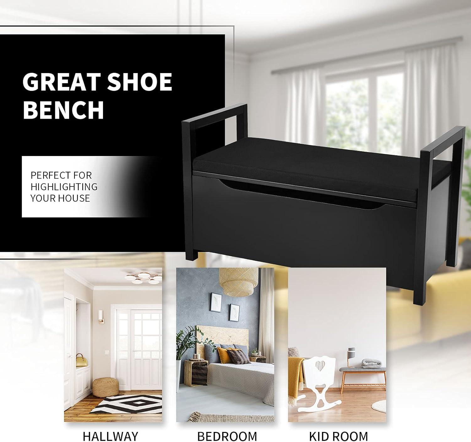 image:imageGiantex Shoe Storage Bench with Cushion Entryway Storage Benches End of Bed Bench for Bedroom Wood Shoe Bench with Seat 345 L155 W195 H BlackBlack