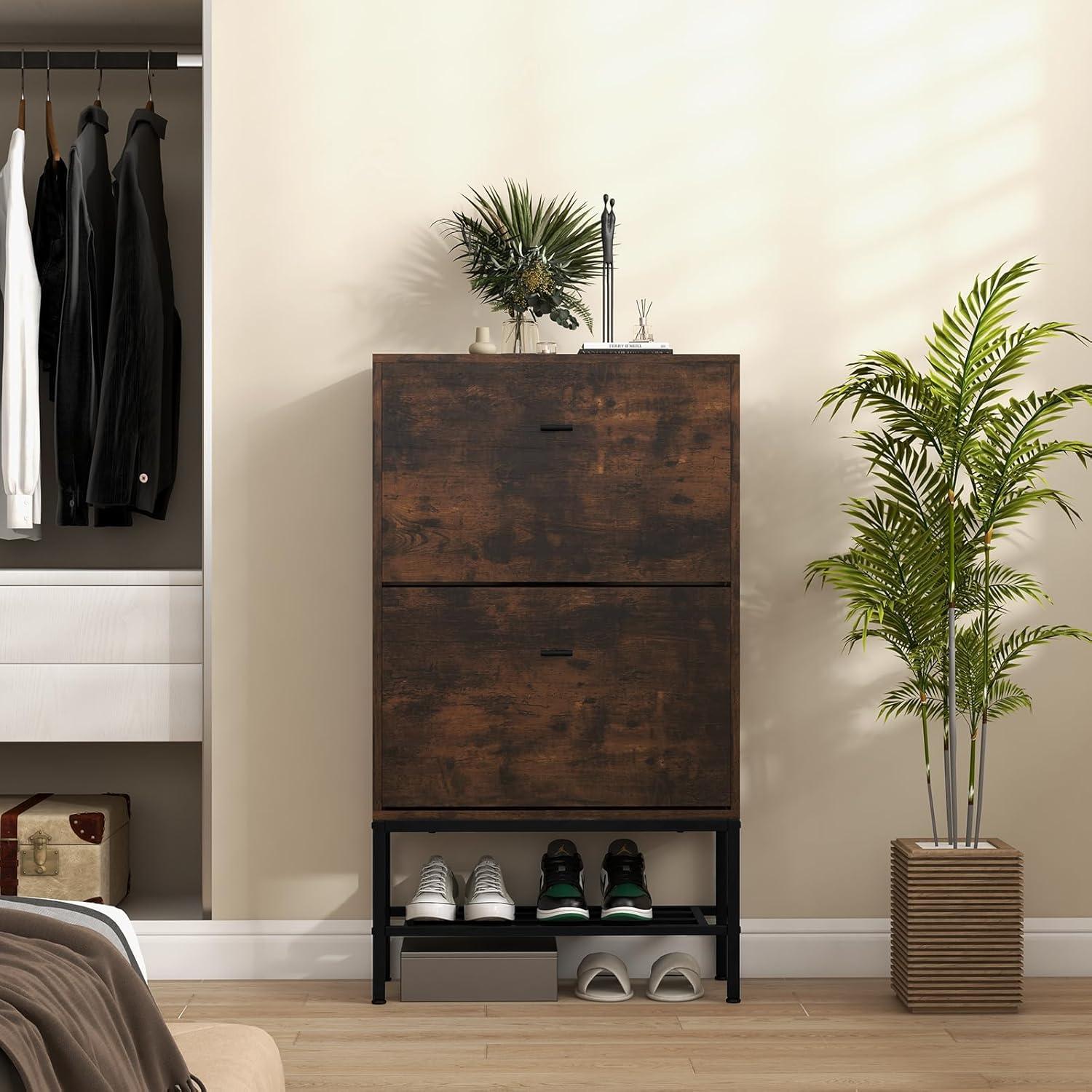 image:imageGiantex Shoe Storage Cabinet Hidden Shoe Organizer with 2 Flip Drawers Adjustable amp Removable Interior Shelves Freestanding Narrow Shoe Rack Cabinet for Entryway Hallway Rustic Brown