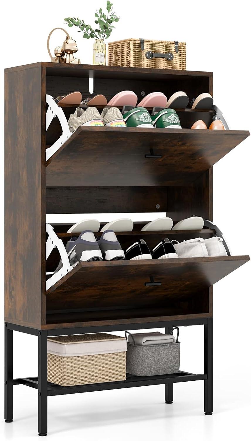 image:imageGiantex Shoe Storage Cabinet Hidden Shoe Organizer with 2 Flip Drawers Adjustable amp Removable Interior Shelves Freestanding Narrow Shoe Rack Cabinet for Entryway Hallway Rustic Brown