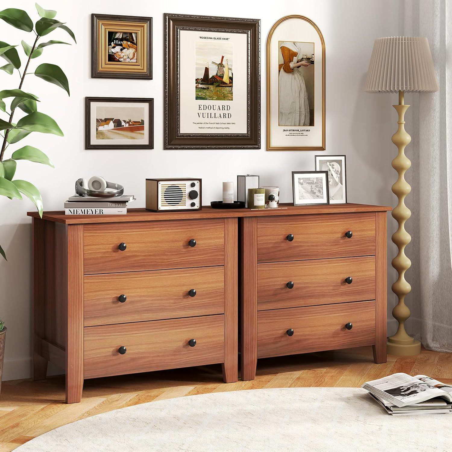 image:imageGiantex Small 3Drawer Dresser for Bedroom 285 x 18 x 26 Wide Chest of Drawers Modern Large Nightstand Storage Cabinet Closet Storage Organizer for Living Room Hallway WhiteWalnut
